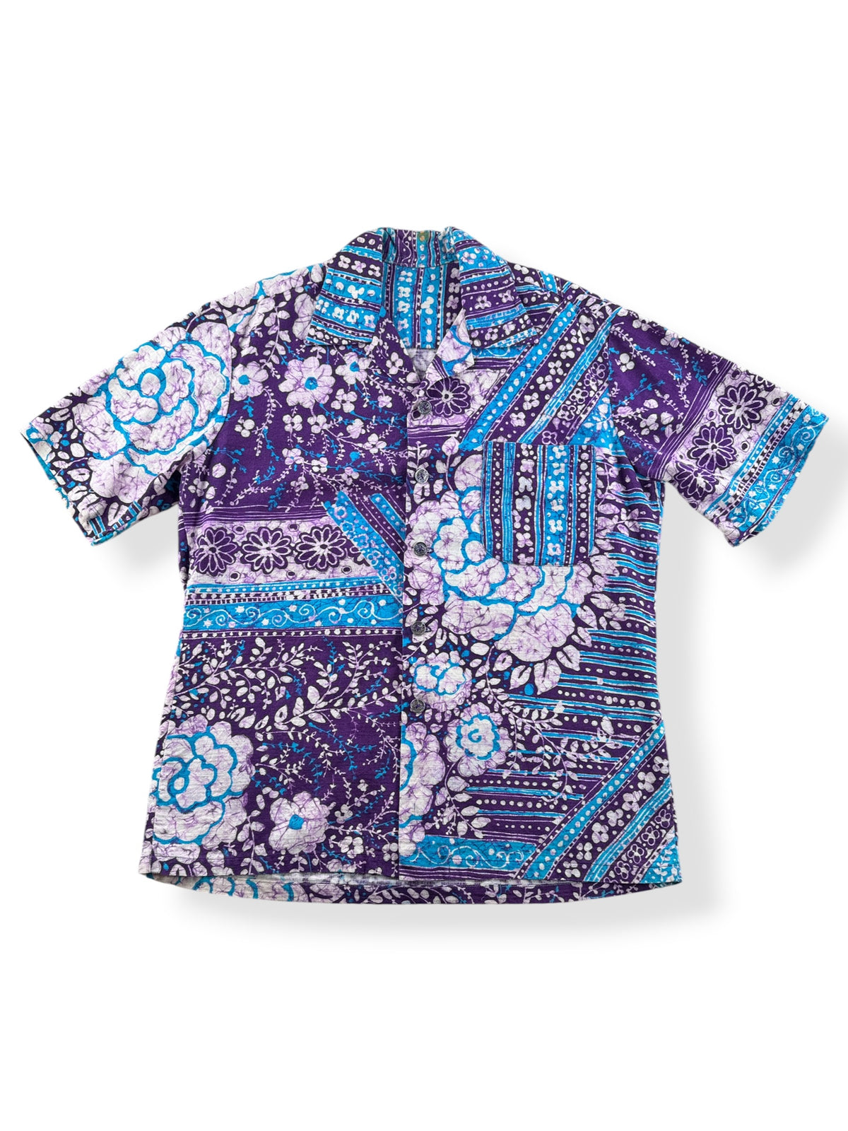 Front of Vintage Purple Barkcloth Aloha Shirt SZ M/L