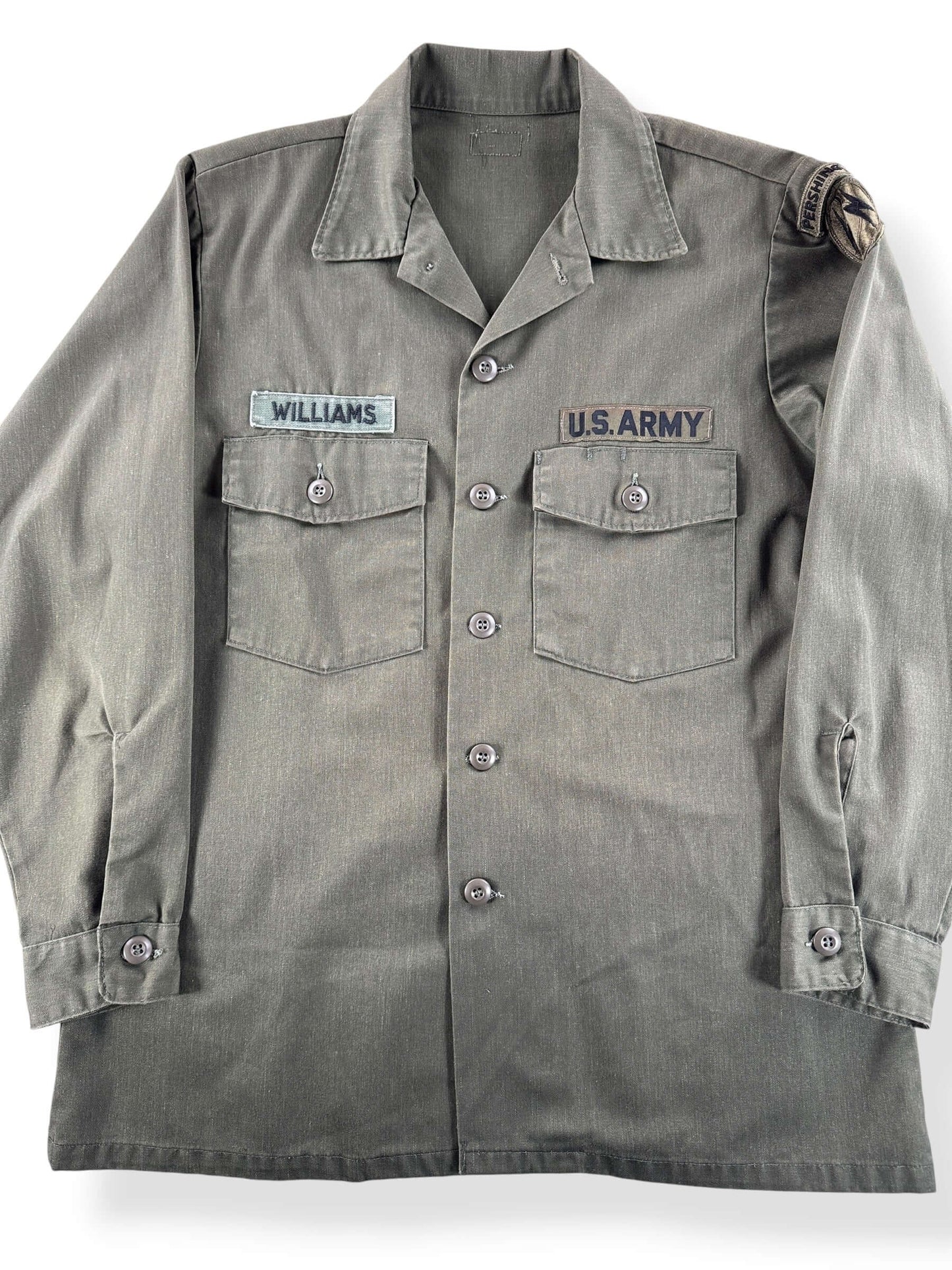 Front Close Up of Vintage Named US Army Shirt SZ L