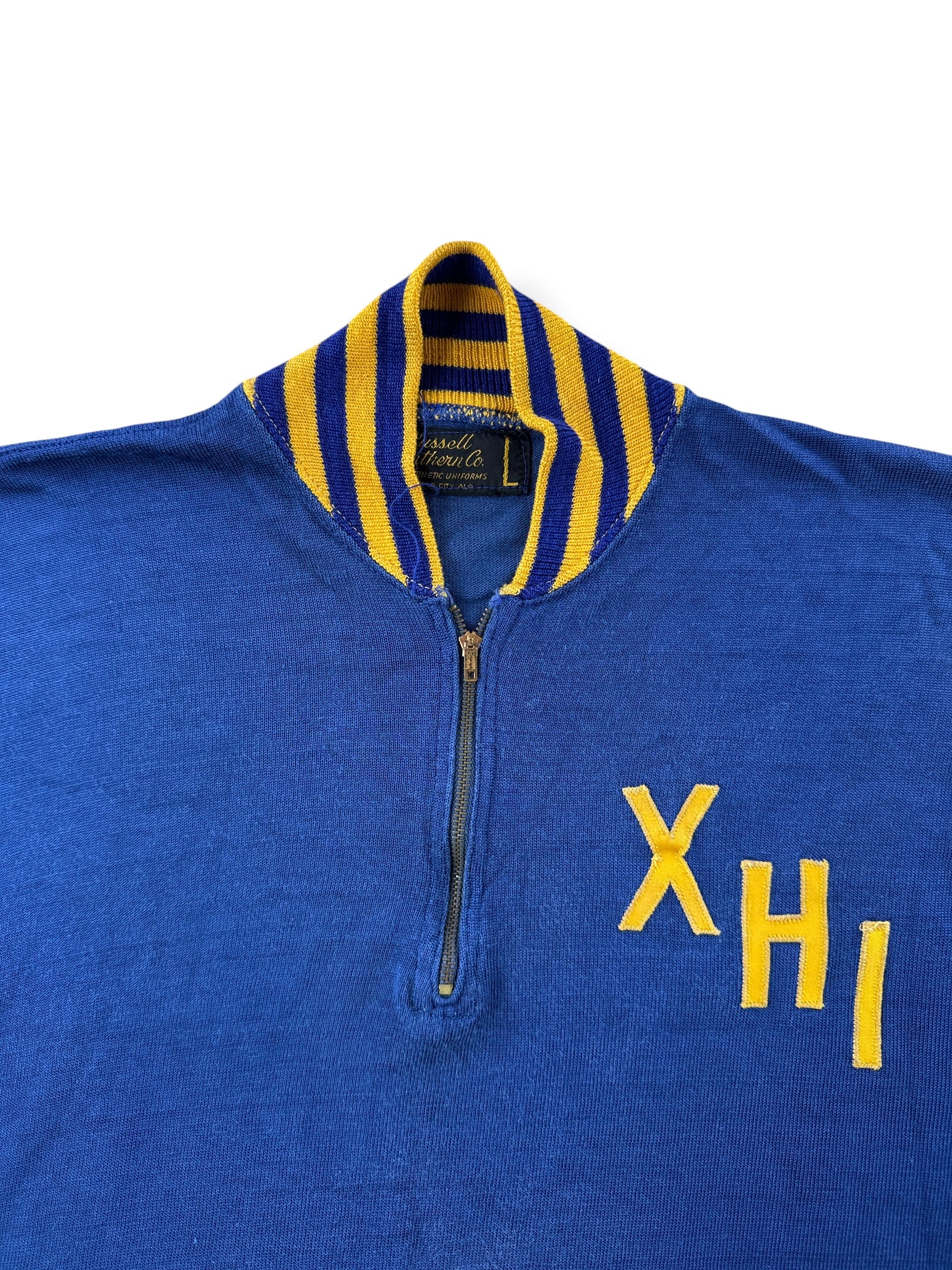 Collar on Vintage Russell Southern Blue & Yellow 1/4 Zip Durene Jersey SZ L (Fits M)