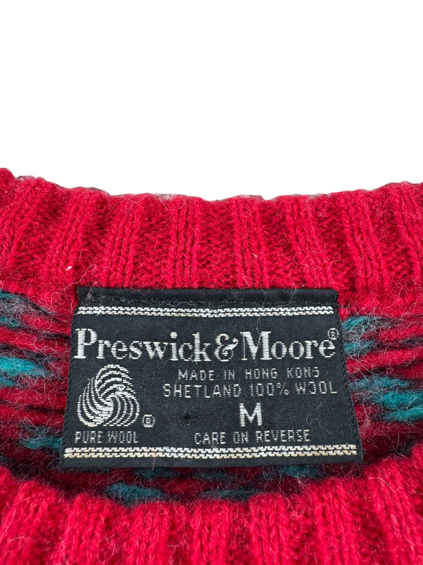 Label on Vintage Preswick & Moore Shetland Wool Sweater SZ M (Fits S)