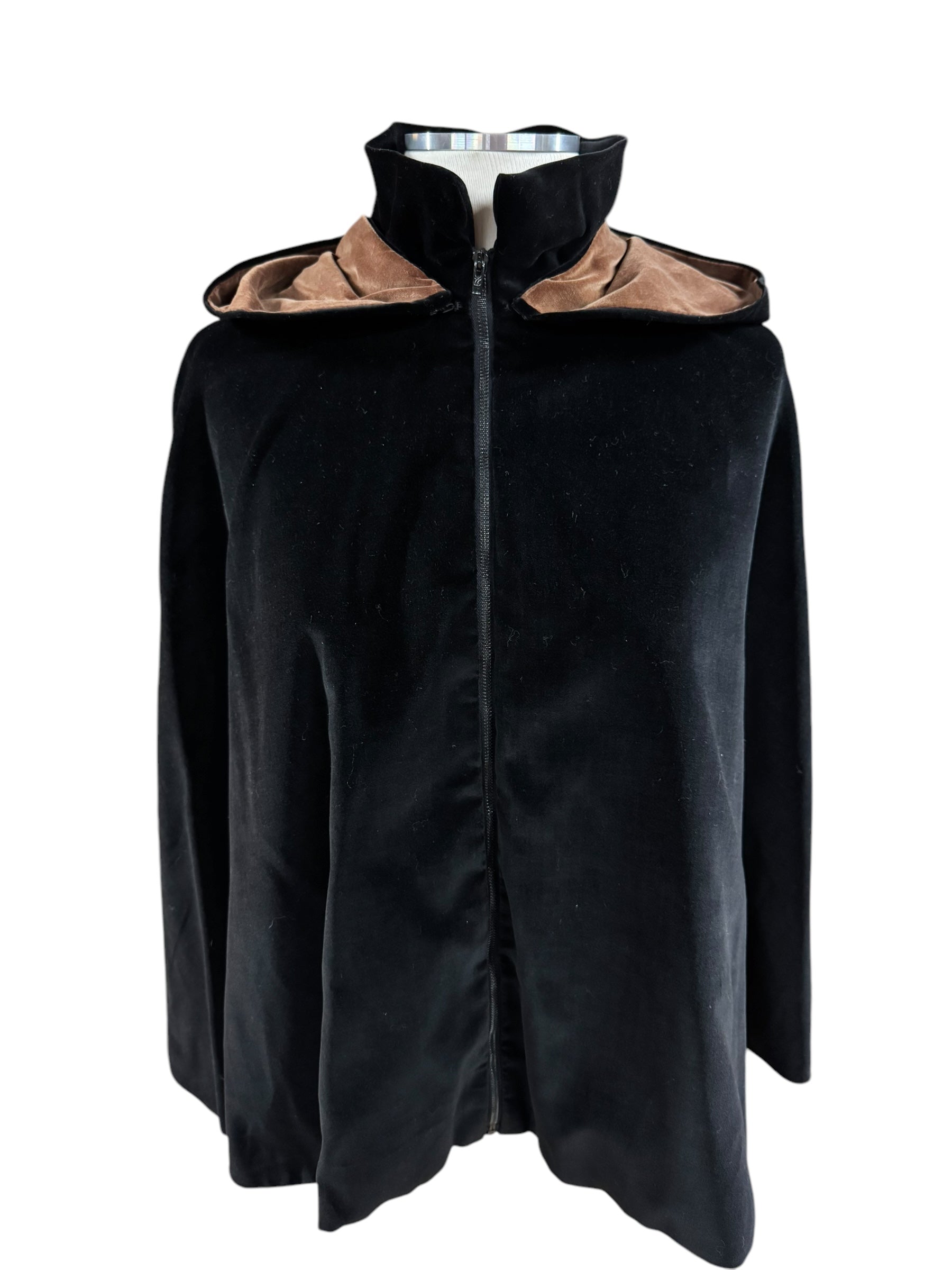 Front view of 1950s Black and Brown Hooded Velvet Capelet m