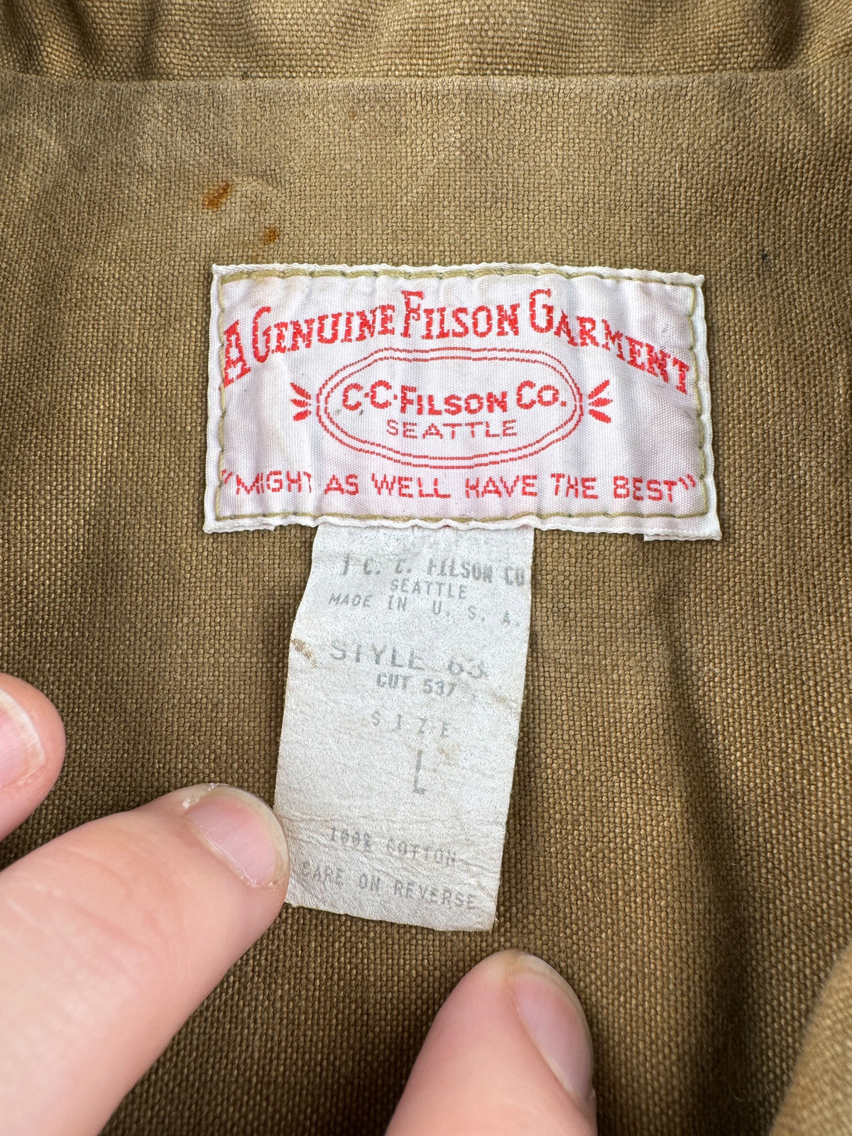 Tags on Vintage Filson Double Tin Jacket SZ L