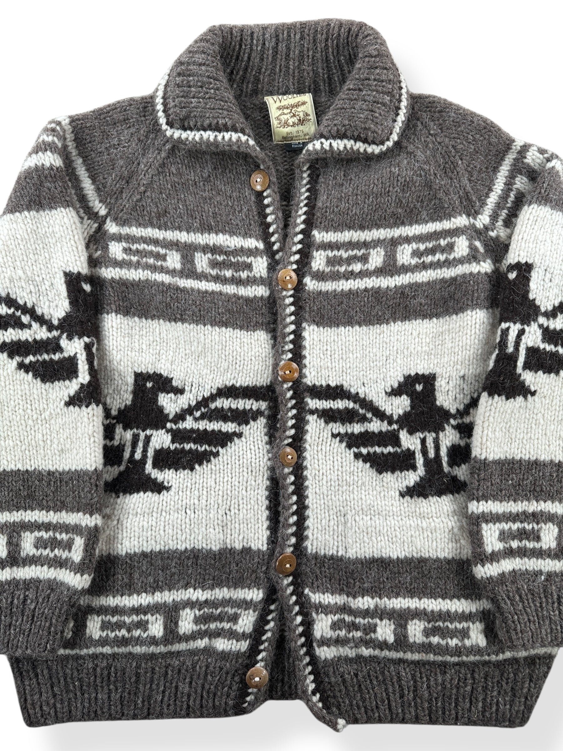 Front Close Up of Vintage Woolies Thunderbird Cardigan SZ M