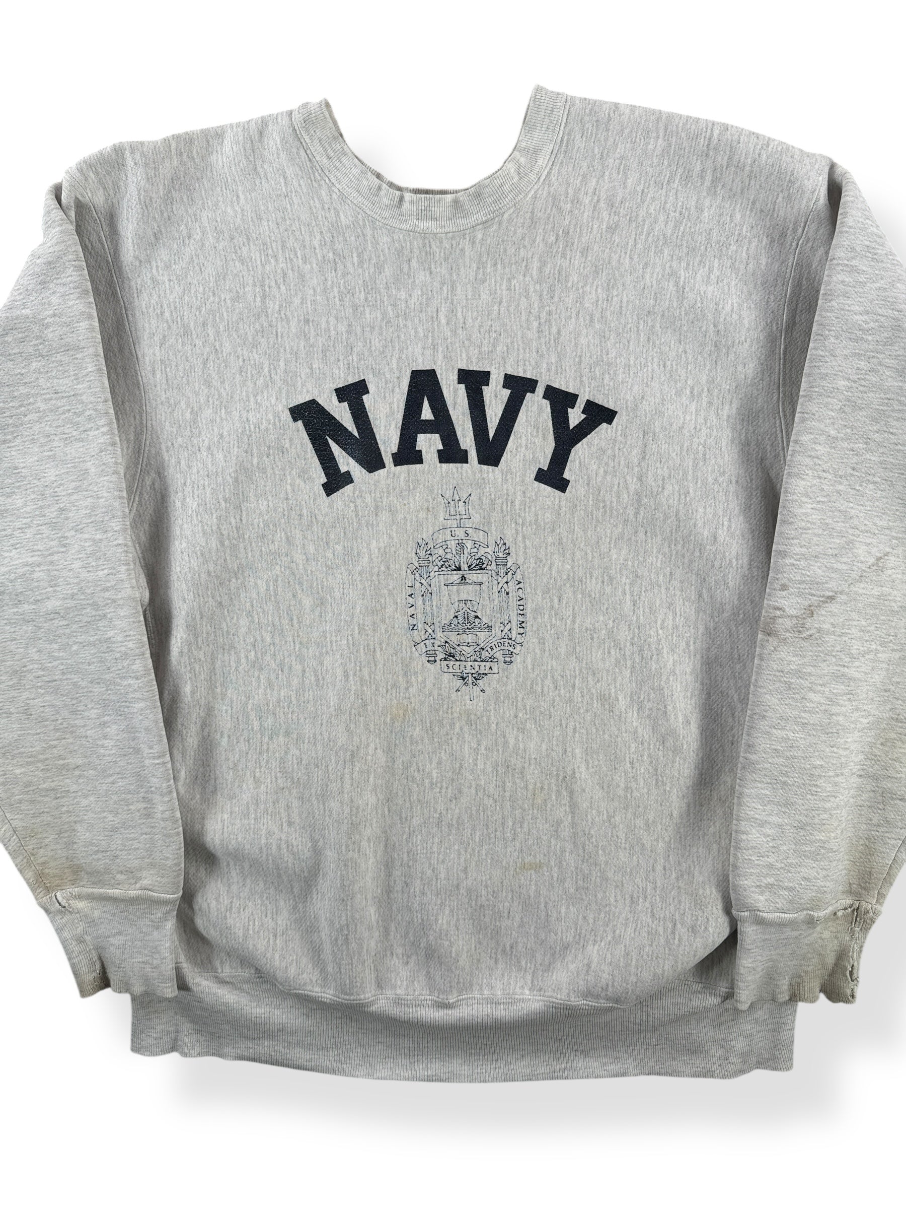 Front Close Up of Vintage Navy Reverse Weave Crewneck SZ XL