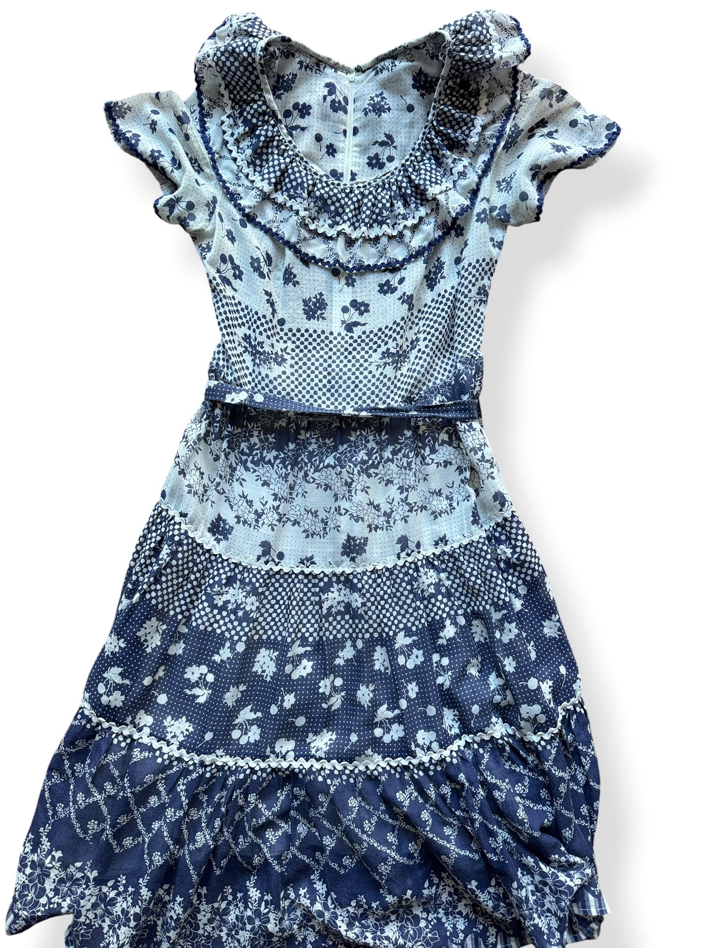 Front Close Up of Vintage Navy Tiered Rick Rack Dress SZ S