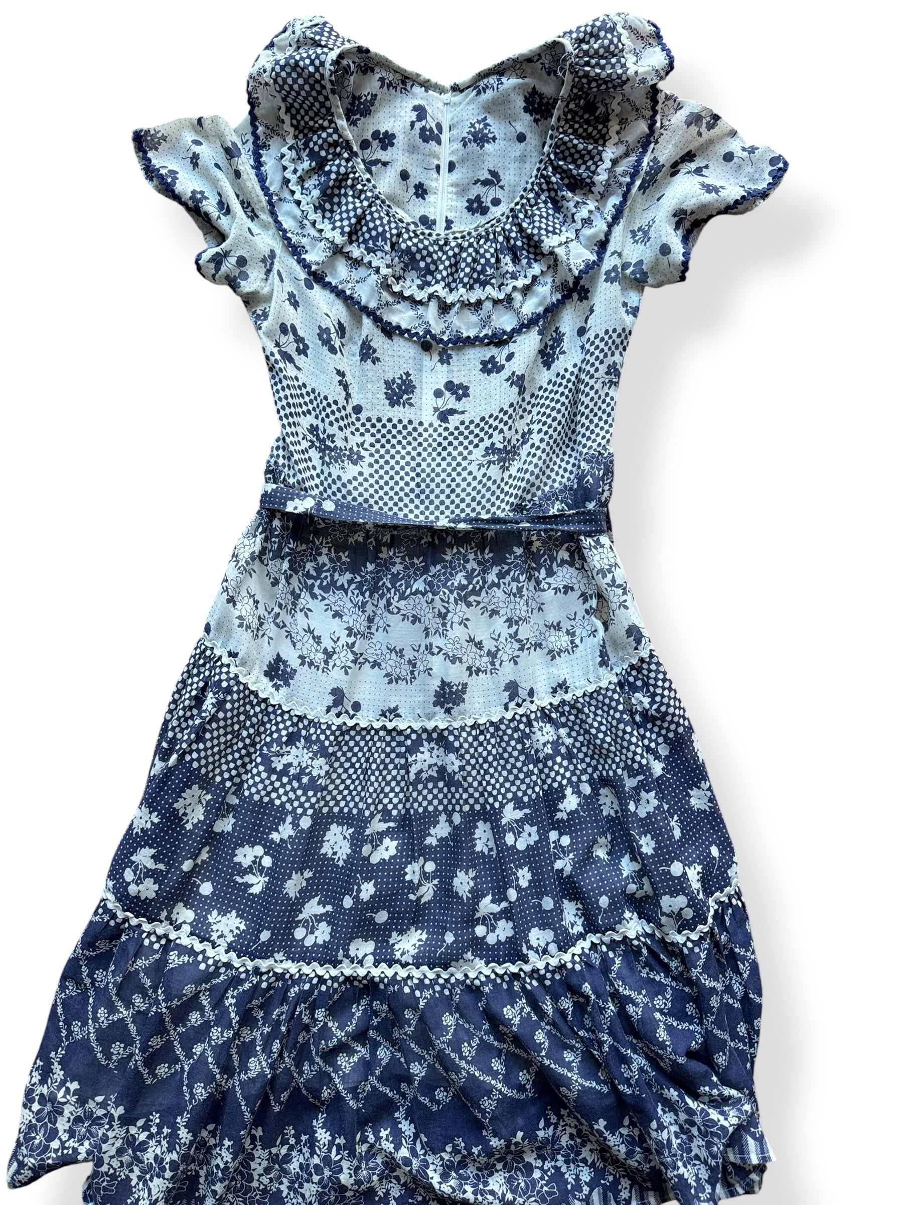 Front Close Up of Vintage Navy Tiered Rick Rack Dress SZ S