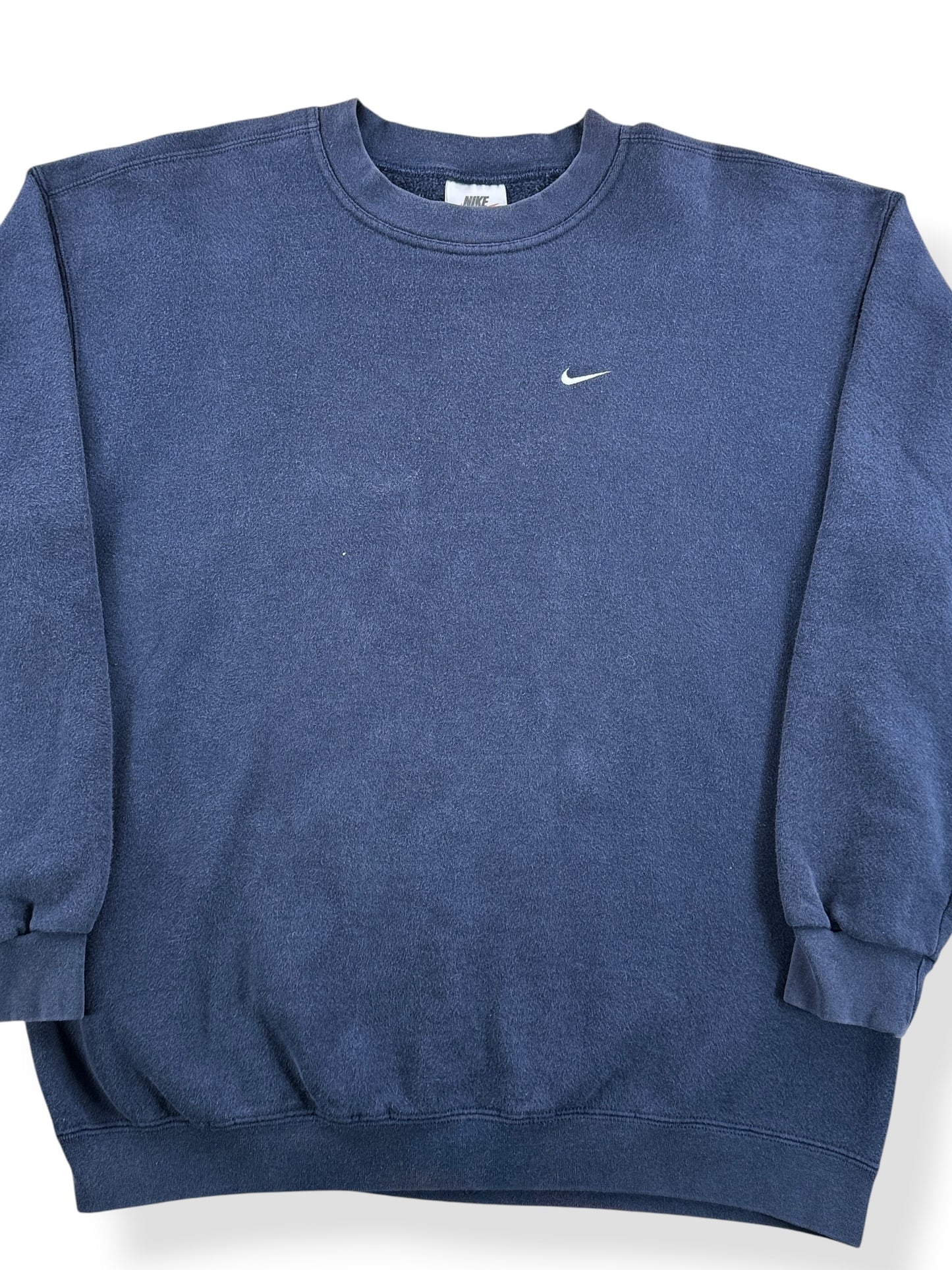 Front Close Up of Vintage Navy Nike Swish Crewneck SZ L