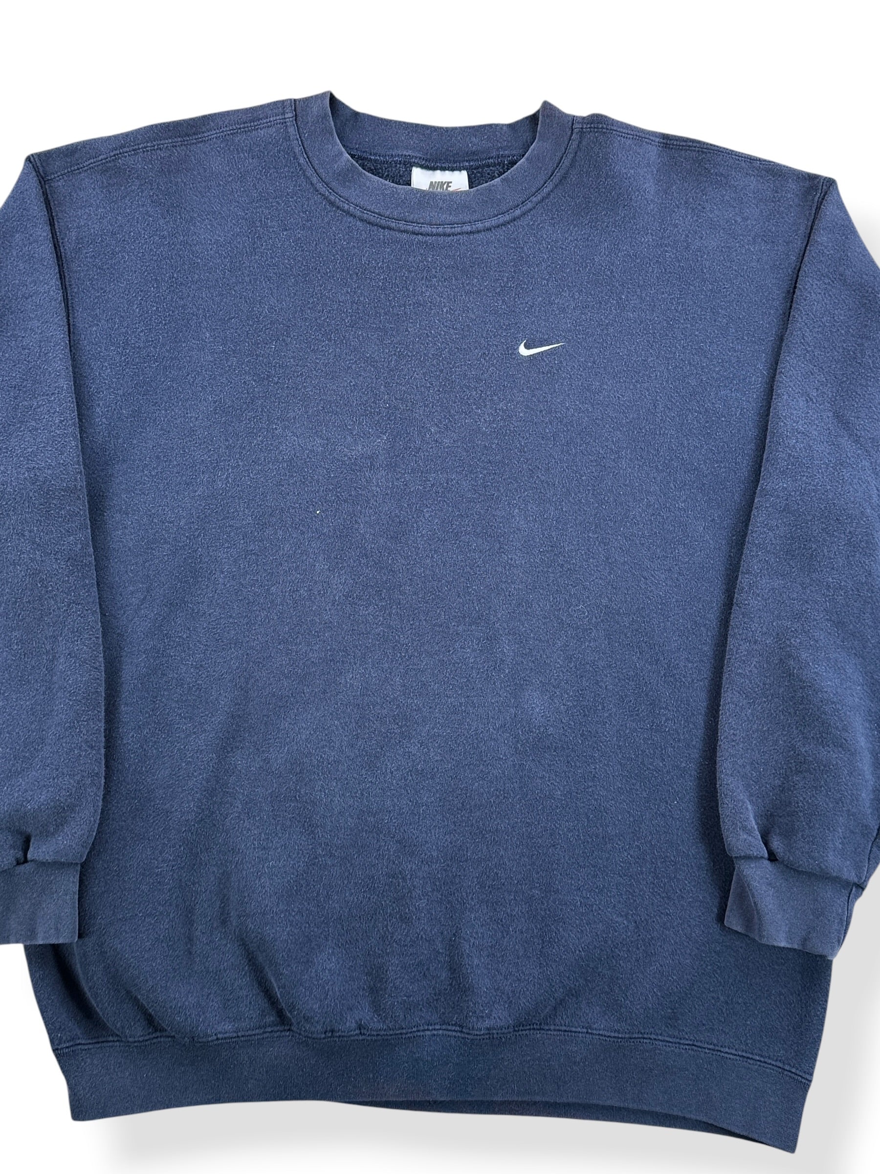 Front Close Up of Vintage Navy Nike Swish Crewneck SZ L