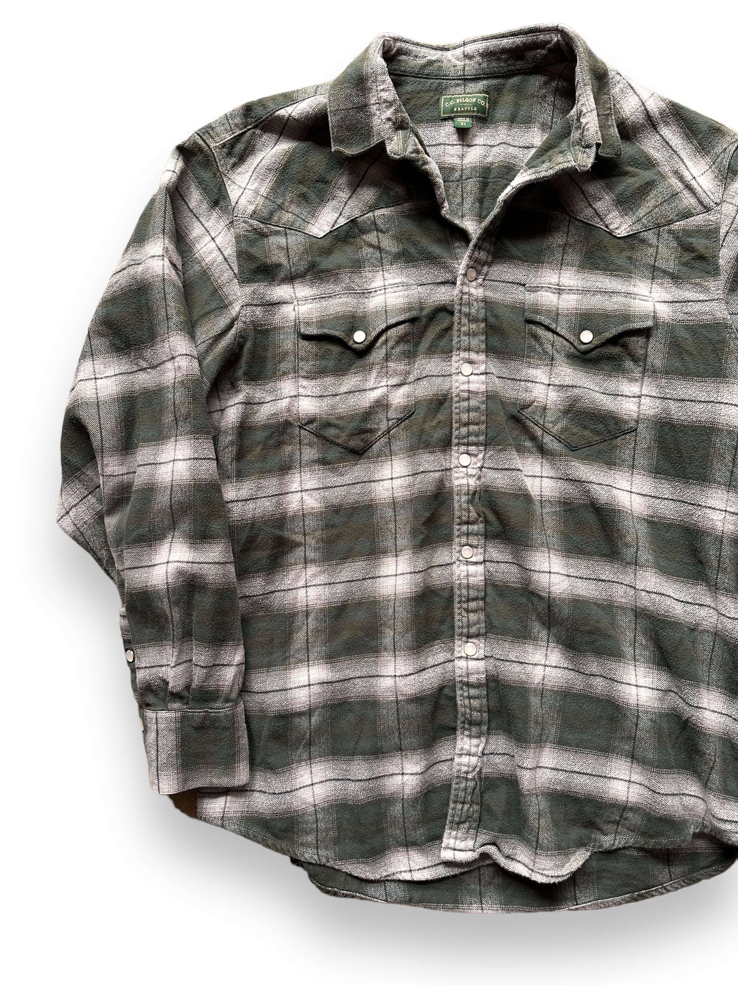 Front Right View of Filson Green Label Pearl Snap SZ XL |  Barn Owl Vintage Goods | Vintage Filson Workwear Seattle