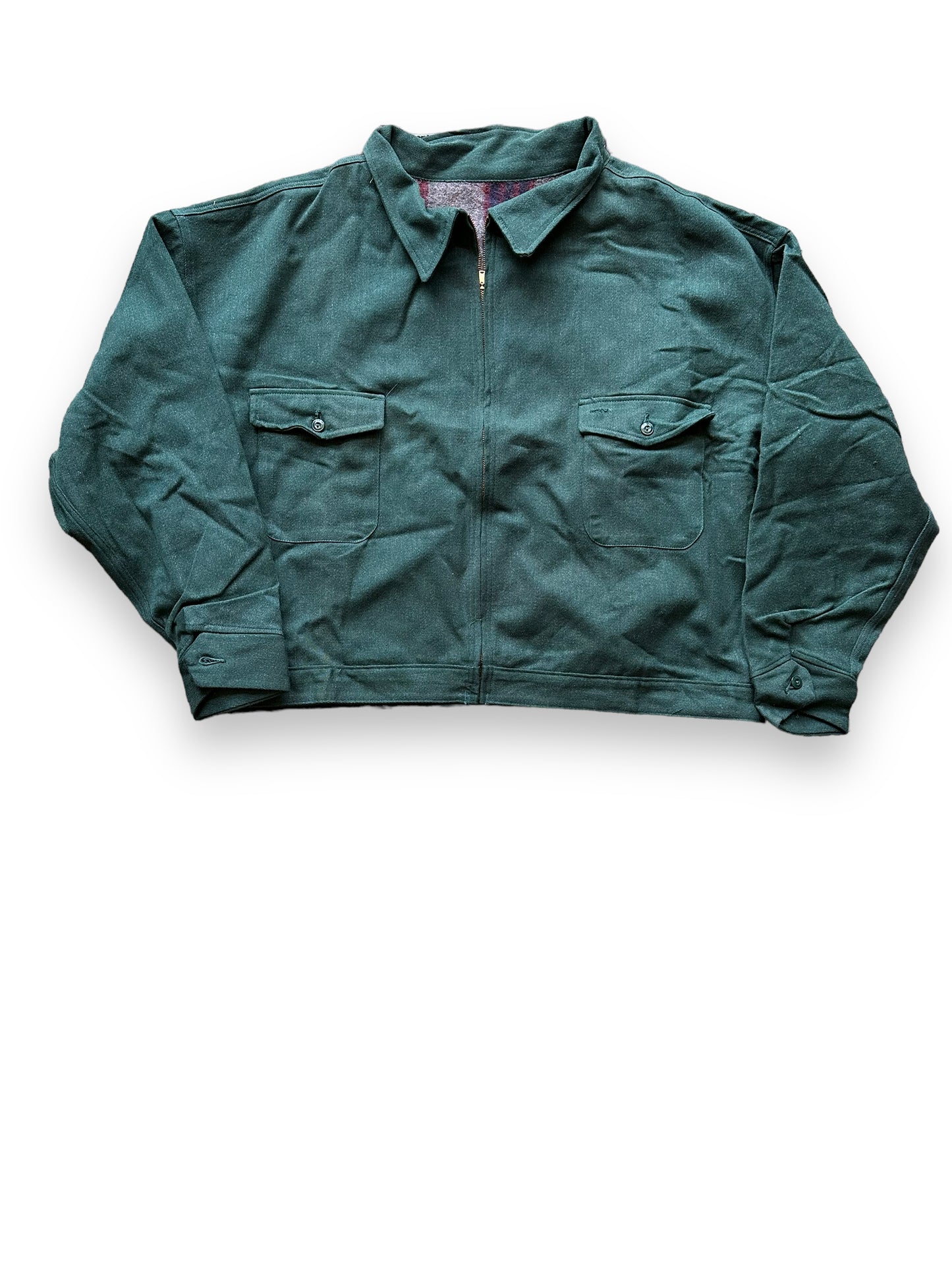 Front View of Vintage Green Blanket Lined Gas Station Jacket SZ 56 | Vintage Workwear Jacket Seattle | Seattle Vintage Clothing