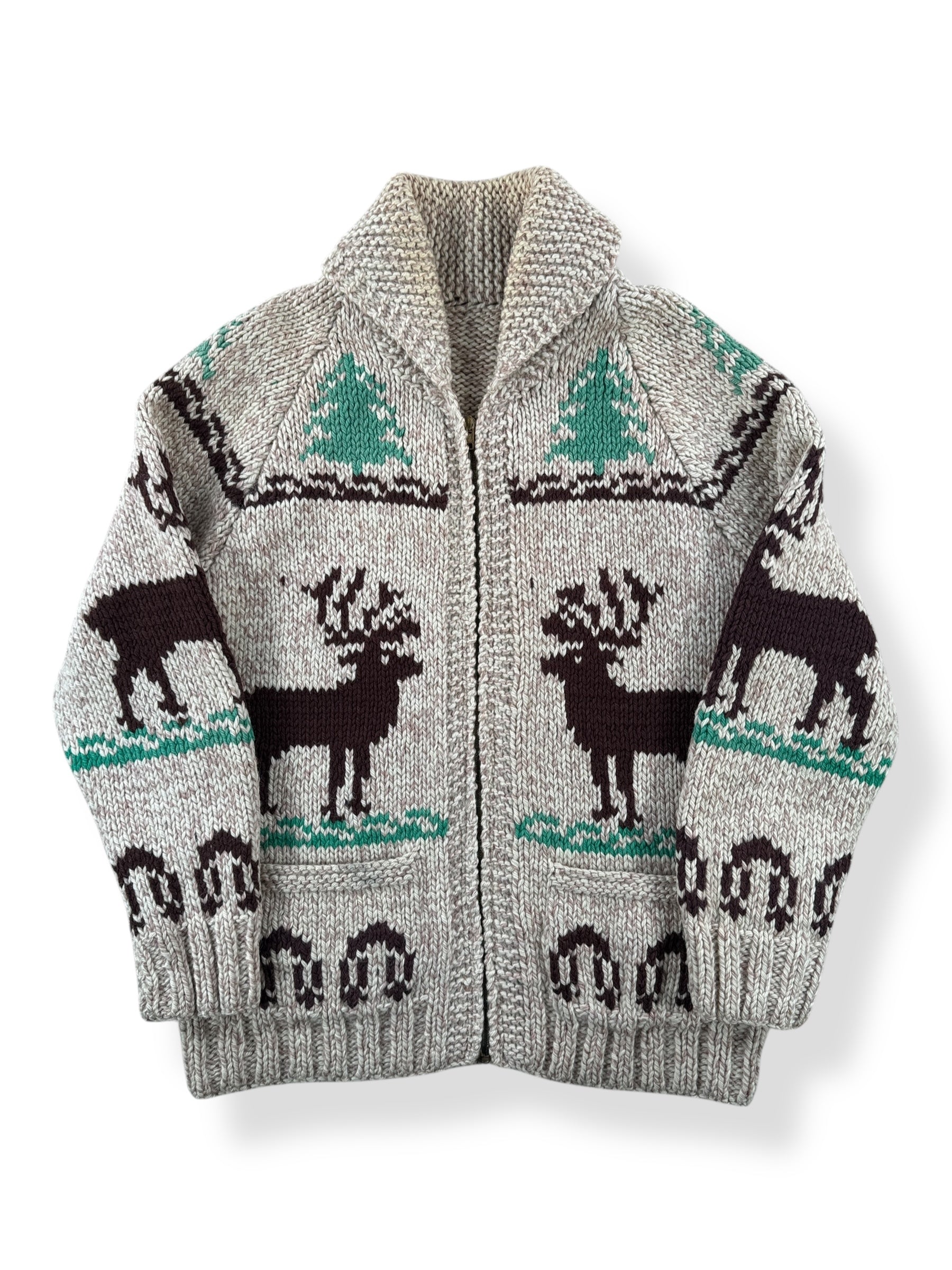 Front of Vintage Mary Maxim Deer Cowichan Sweater SZ S