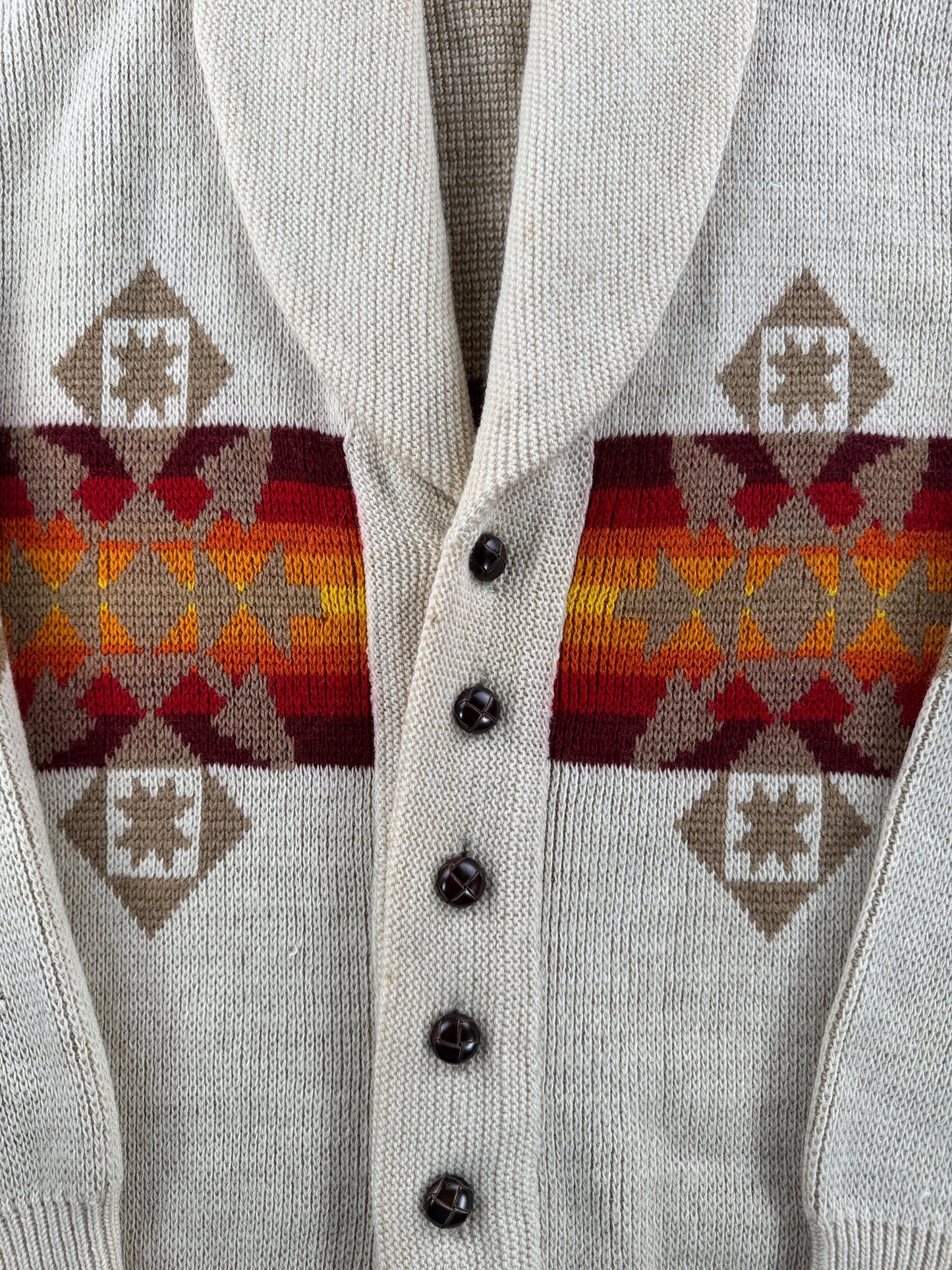 Front knit pattern on Vintage 70’s Pendleton Aztec Shawl Collar Cardigan SZ M