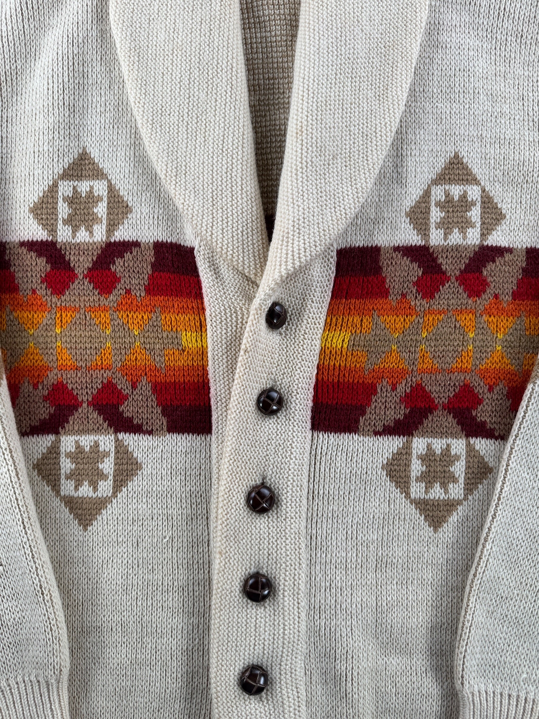 Front knit pattern on Vintage 70’s Pendleton Aztec Shawl Collar Cardigan SZ M