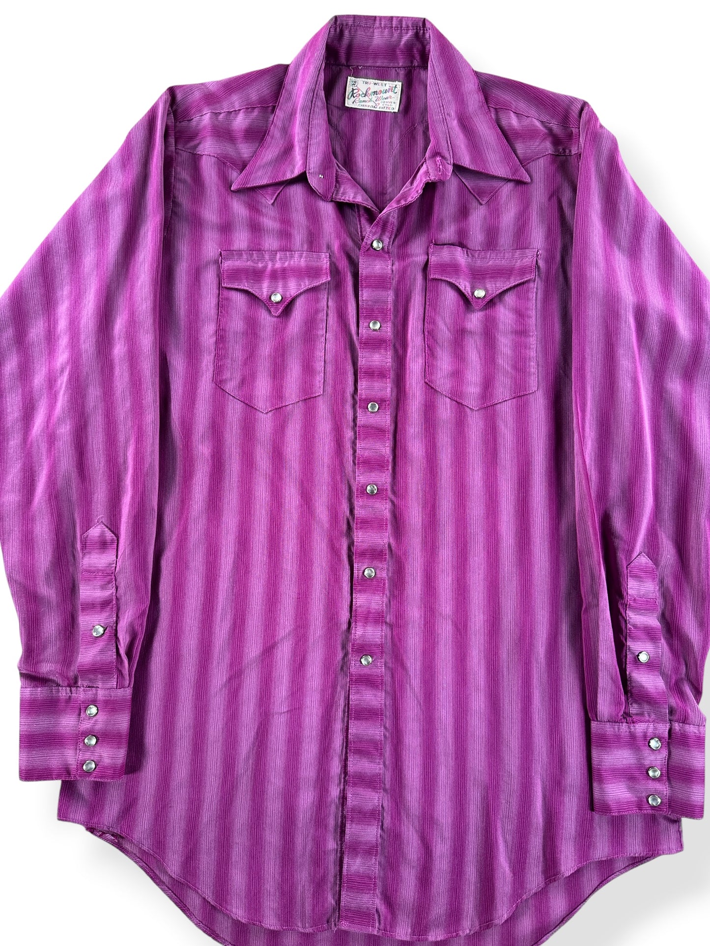 Front Close Up of Vintage Rockmount Ranch Wear Purple Pearlsnap SZ M