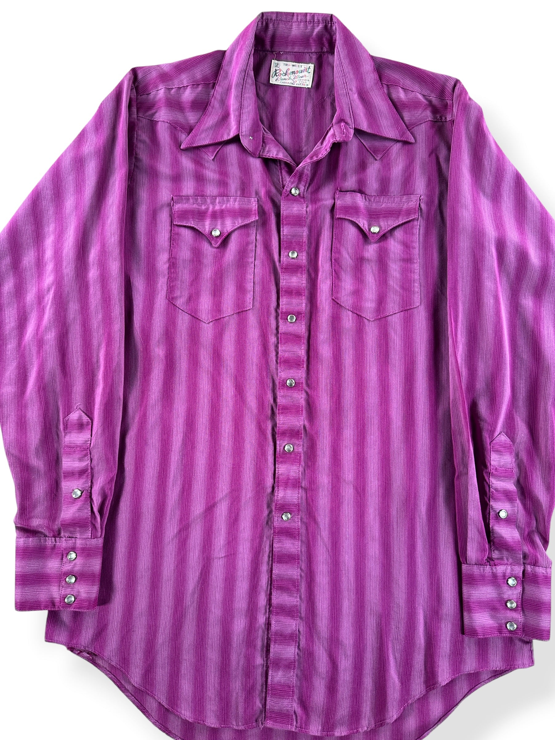 Front Close Up of Vintage Rockmount Ranch Wear Purple Pearlsnap SZ M