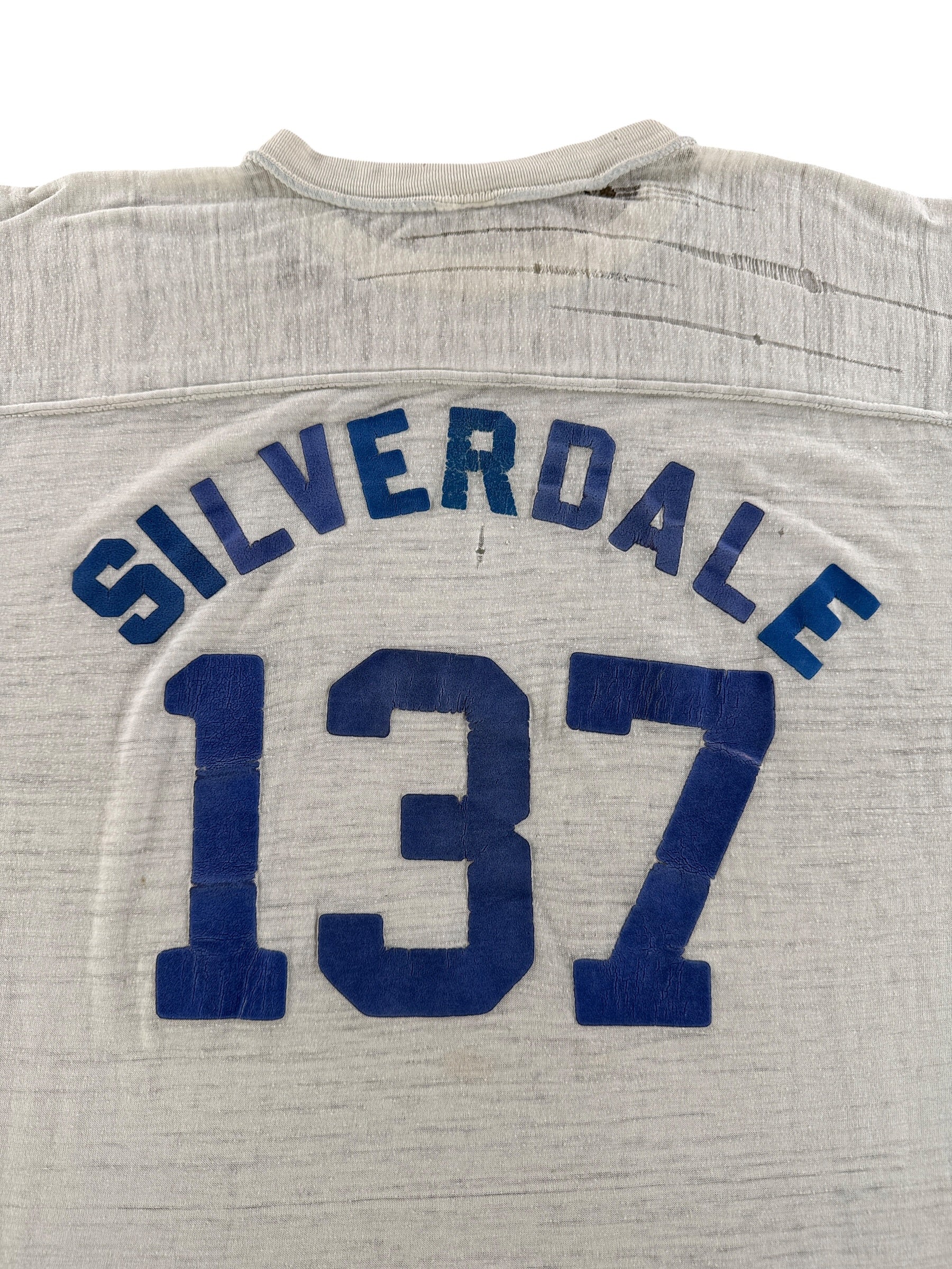 Close Up On Back Graphic of Vintage Thrashed Washington Jersey Tee SZ L