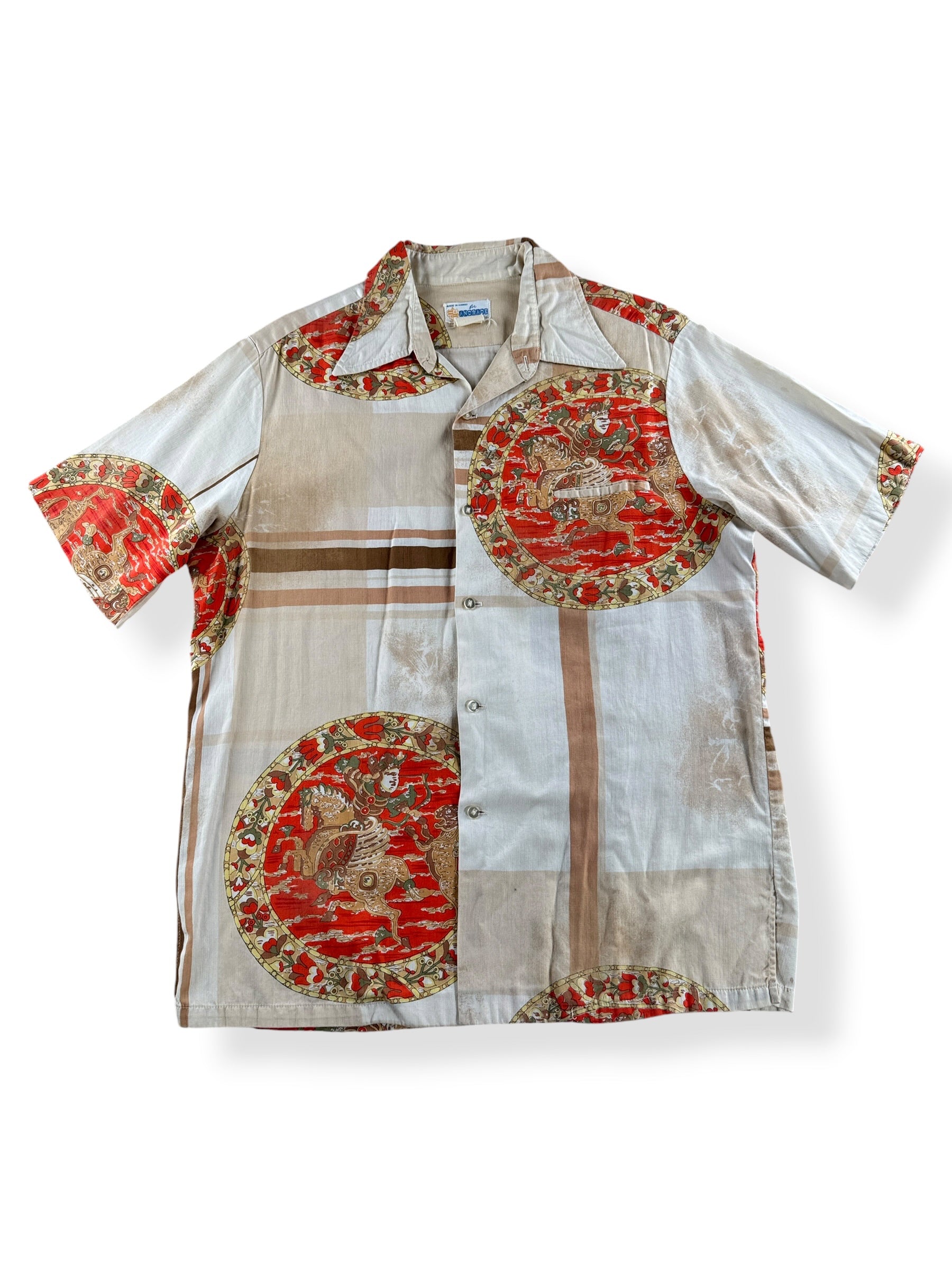 Front of Vintage Andrade Warrior God Motif Aloha Shirt SZ L