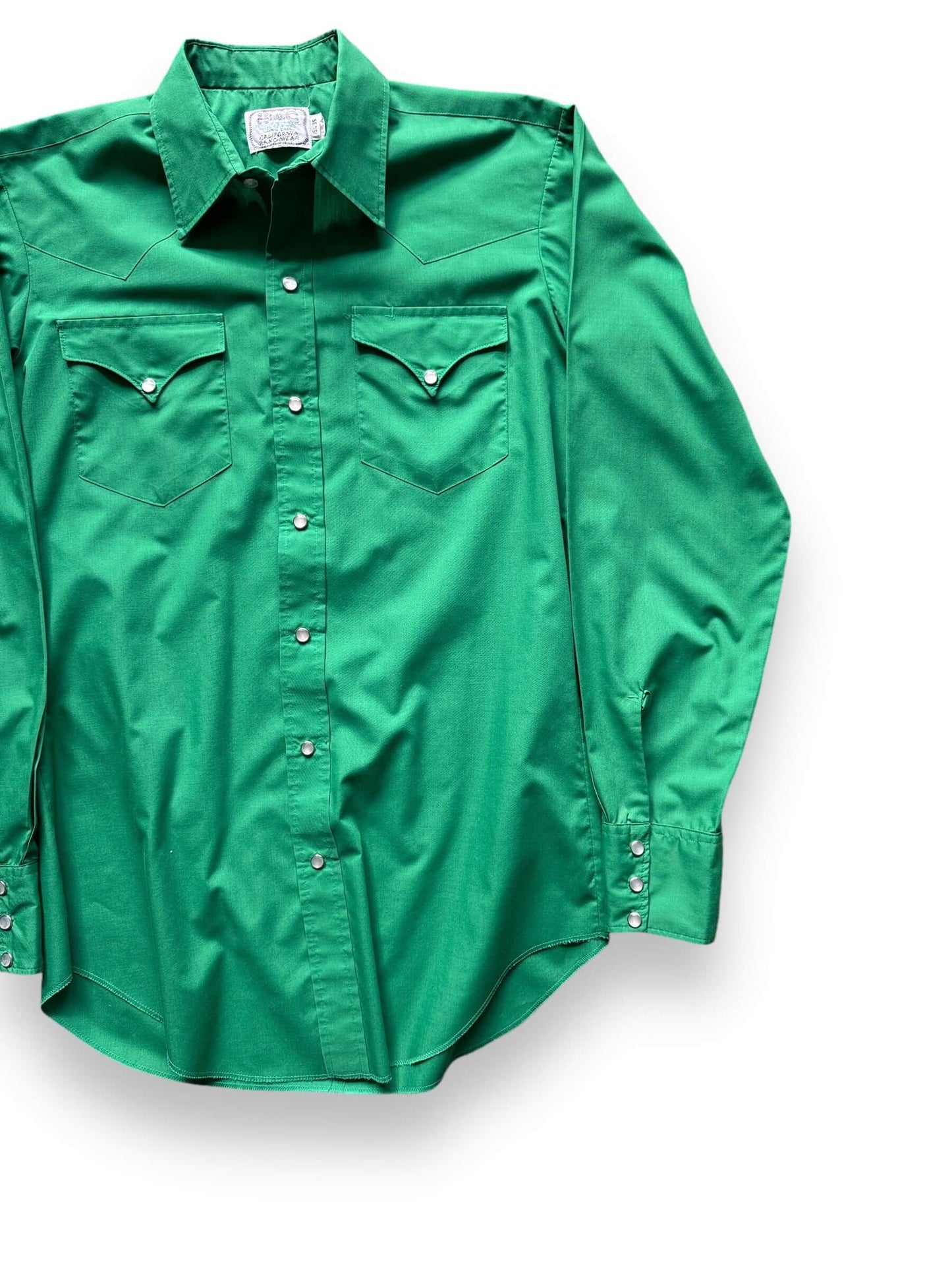 Front Left View of Vintage “H Bar C” Green Pearl Snap Western Shirt SZ 15 1/2