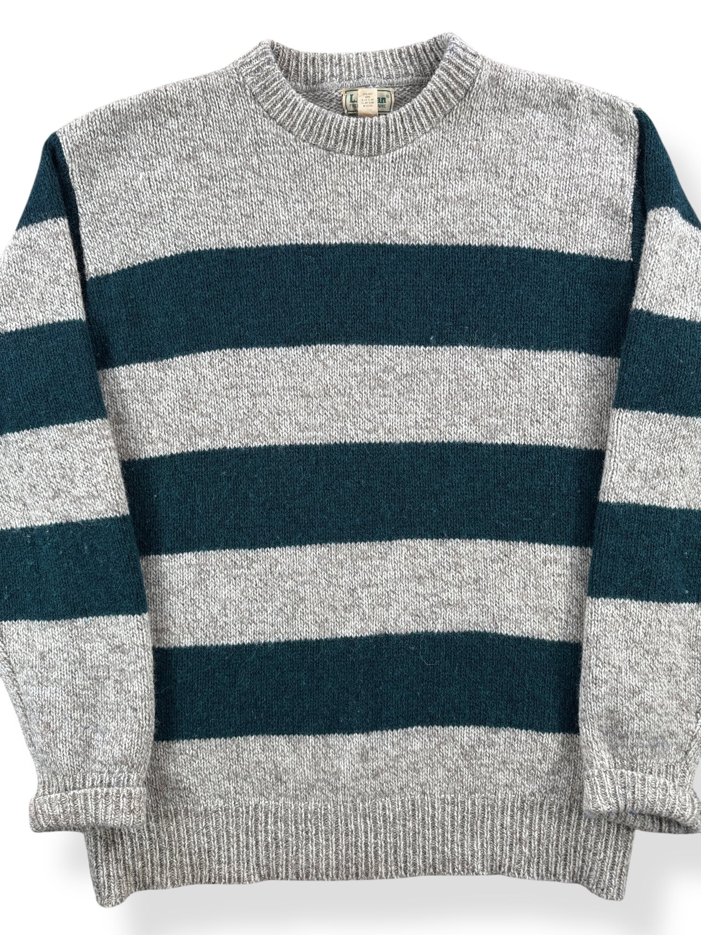Front Close Up of Vintage L.L. Bean Green Striped Ragg Wool Blend Sweater SZ XL Long