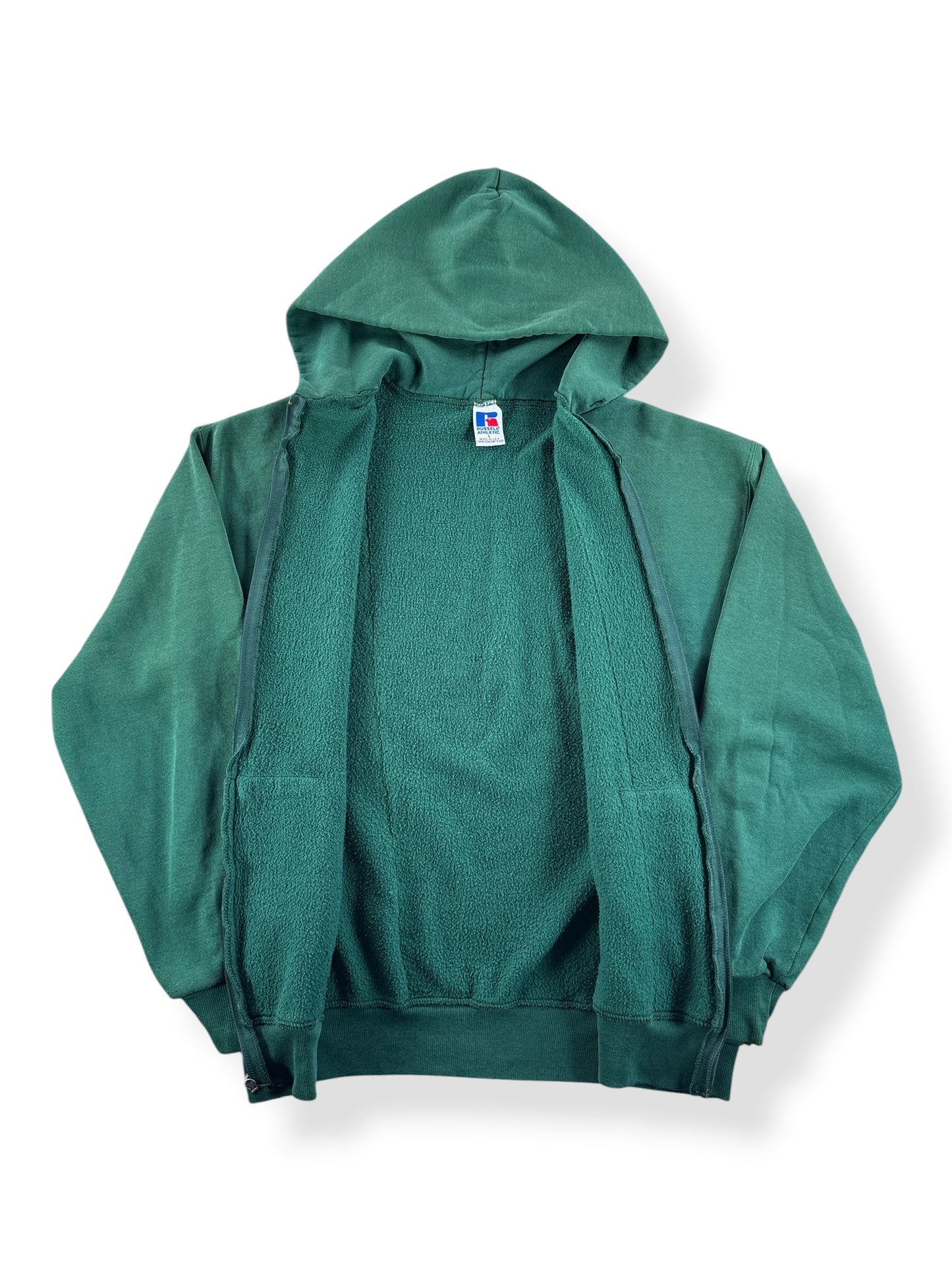 Inside of Vintage Russell Athletic Green Zip Hoodie SZ L