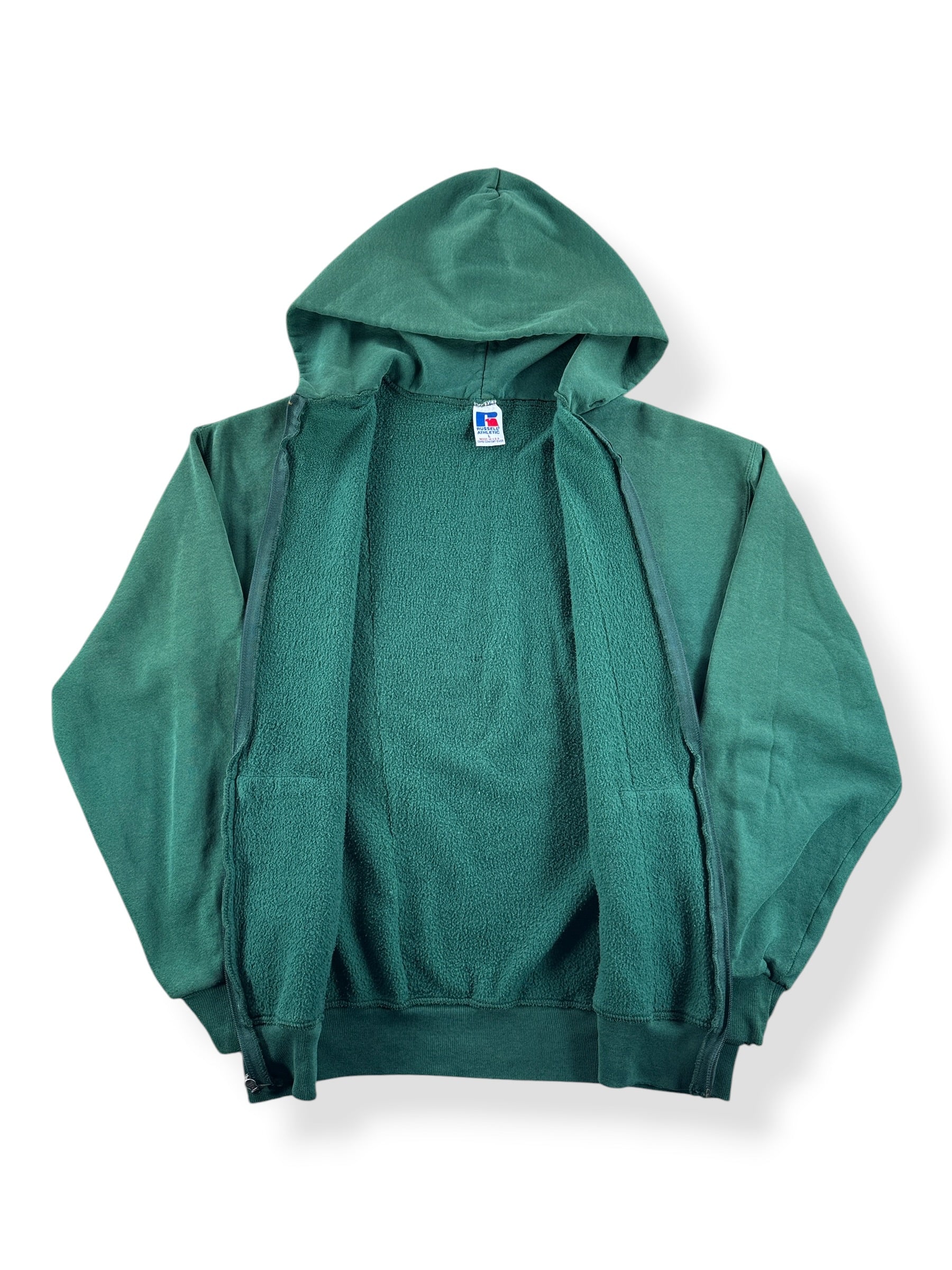 Inside of Vintage Russell Athletic Green Zip Hoodie SZ L