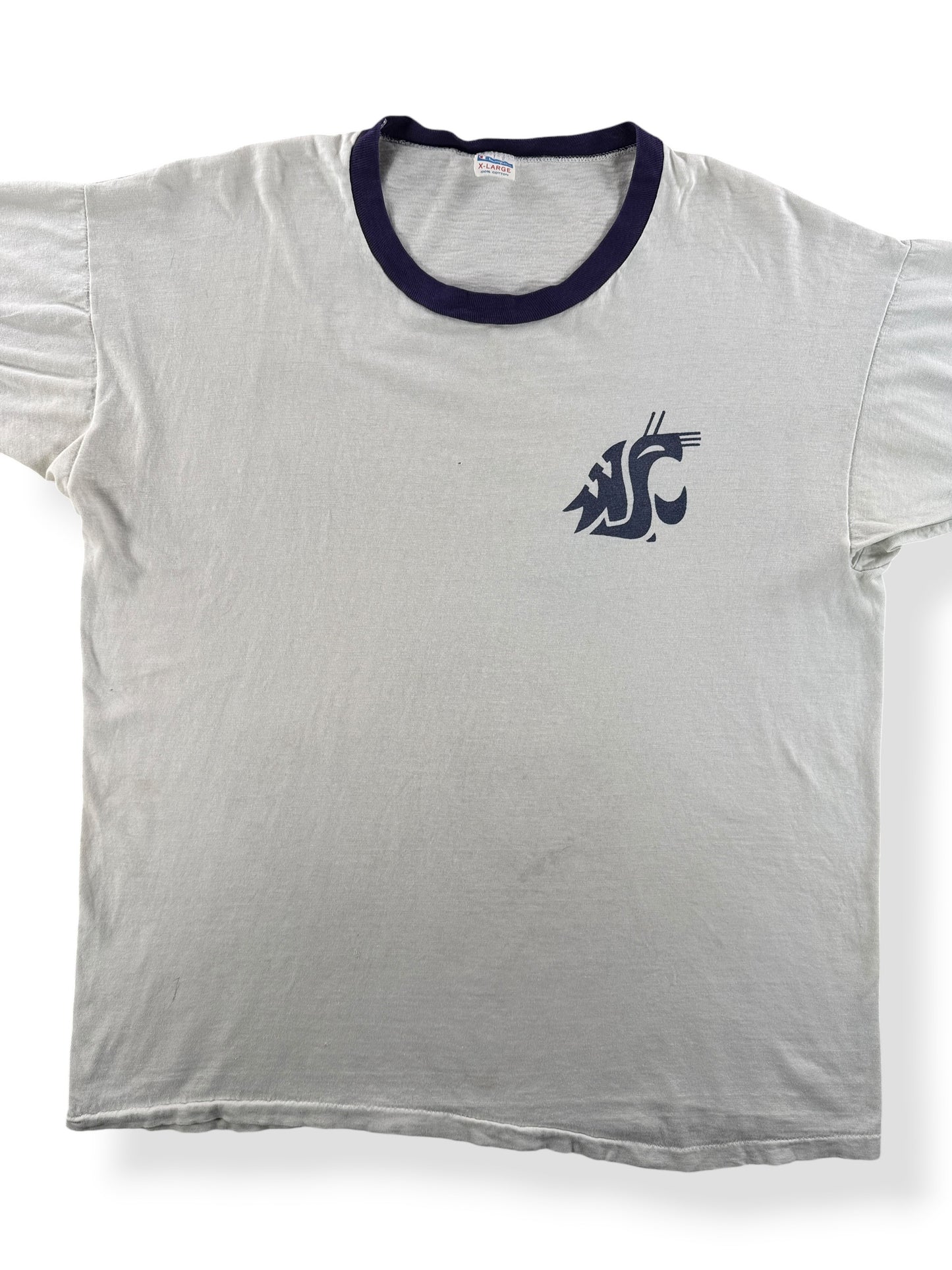 Front Close Up of Vintage Champion Blue Bar Waterprint WSU Ringer SZ XL (Fits L)