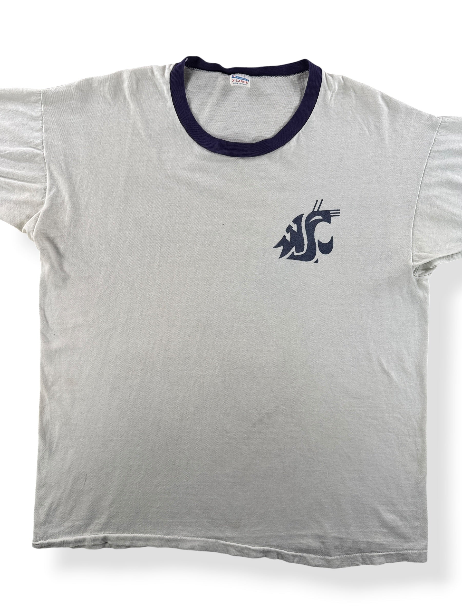 Front Close Up of Vintage Champion Blue Bar Waterprint WSU Ringer SZ XL (Fits L)