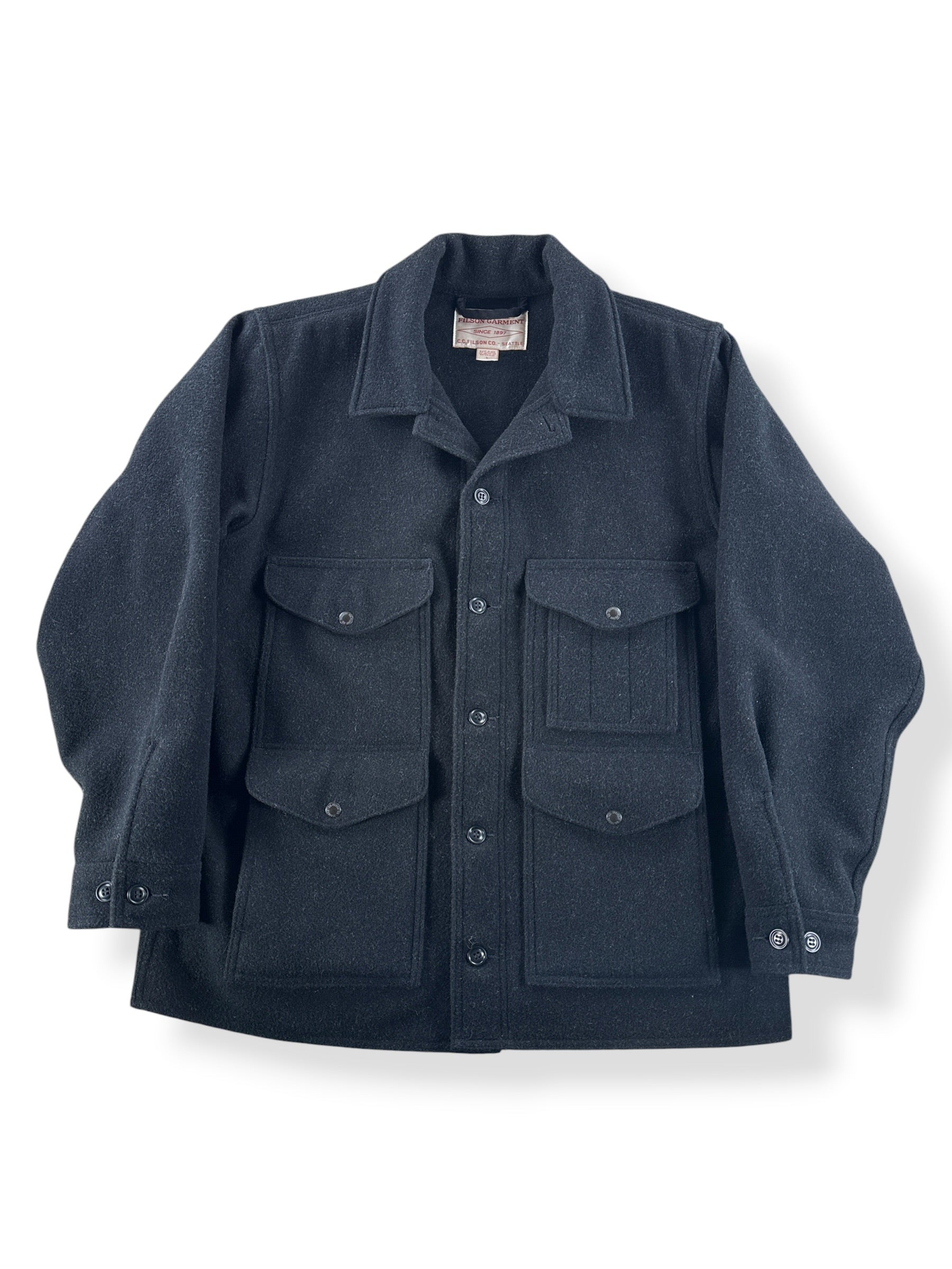 Front of Filson Charcoal Mackinaw Wool Cruiser SZ L
