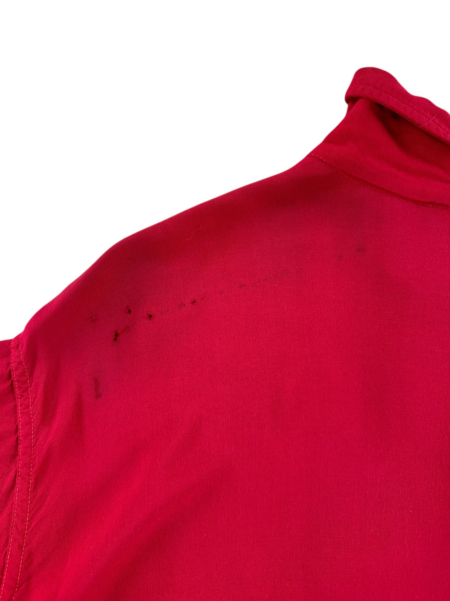 Damage on Back Left Shoulder of Vintage Clubman Gabardine Surfer Short Sleeve Shirt SZ L