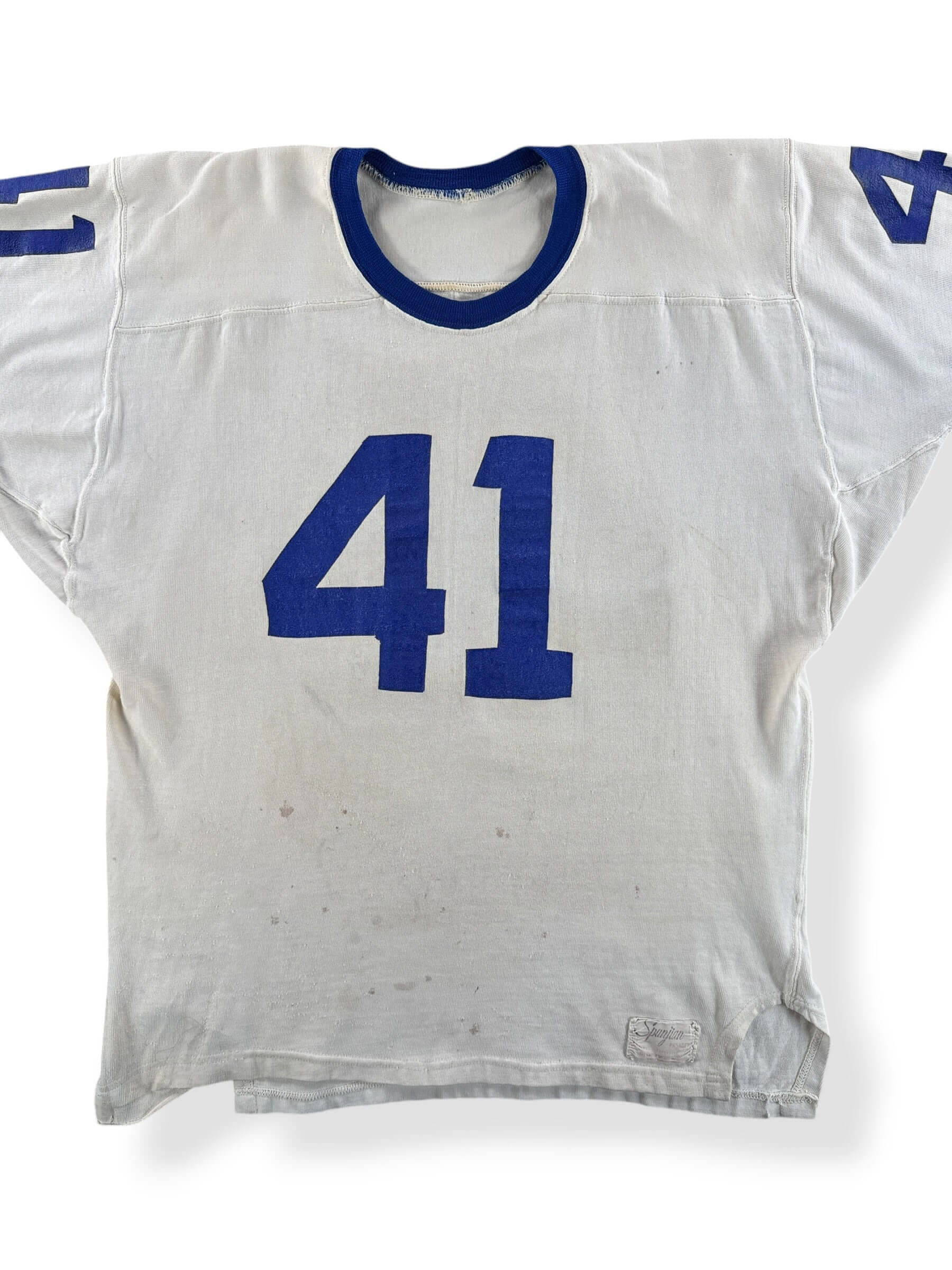 Front Close Up of Vintage Spanjian Durene "41" Jersey SZ L - AS IS