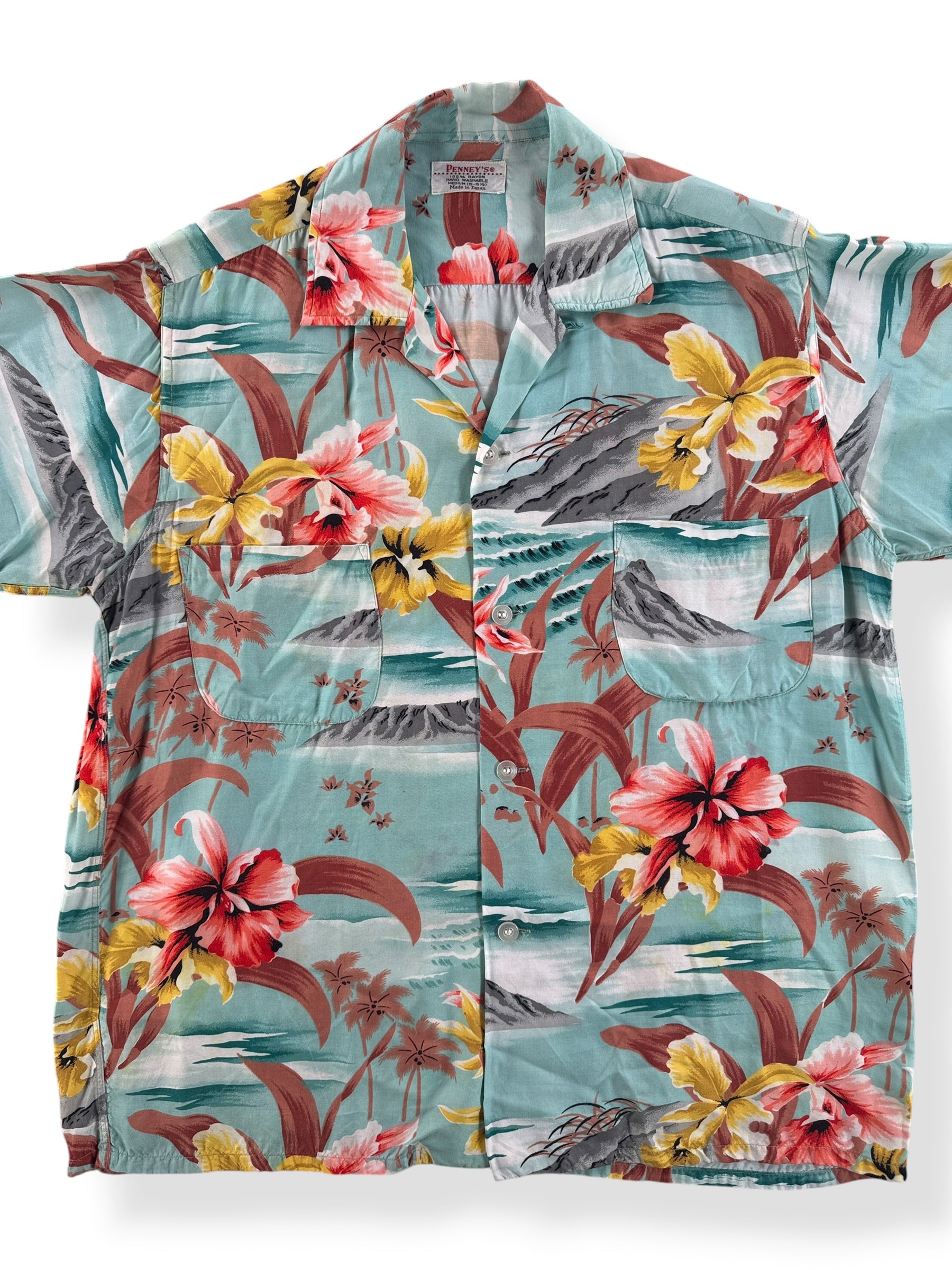 Front Close Up of Vintage Penney's Flowers & Waves Rayon Aloha Shirt SZ M