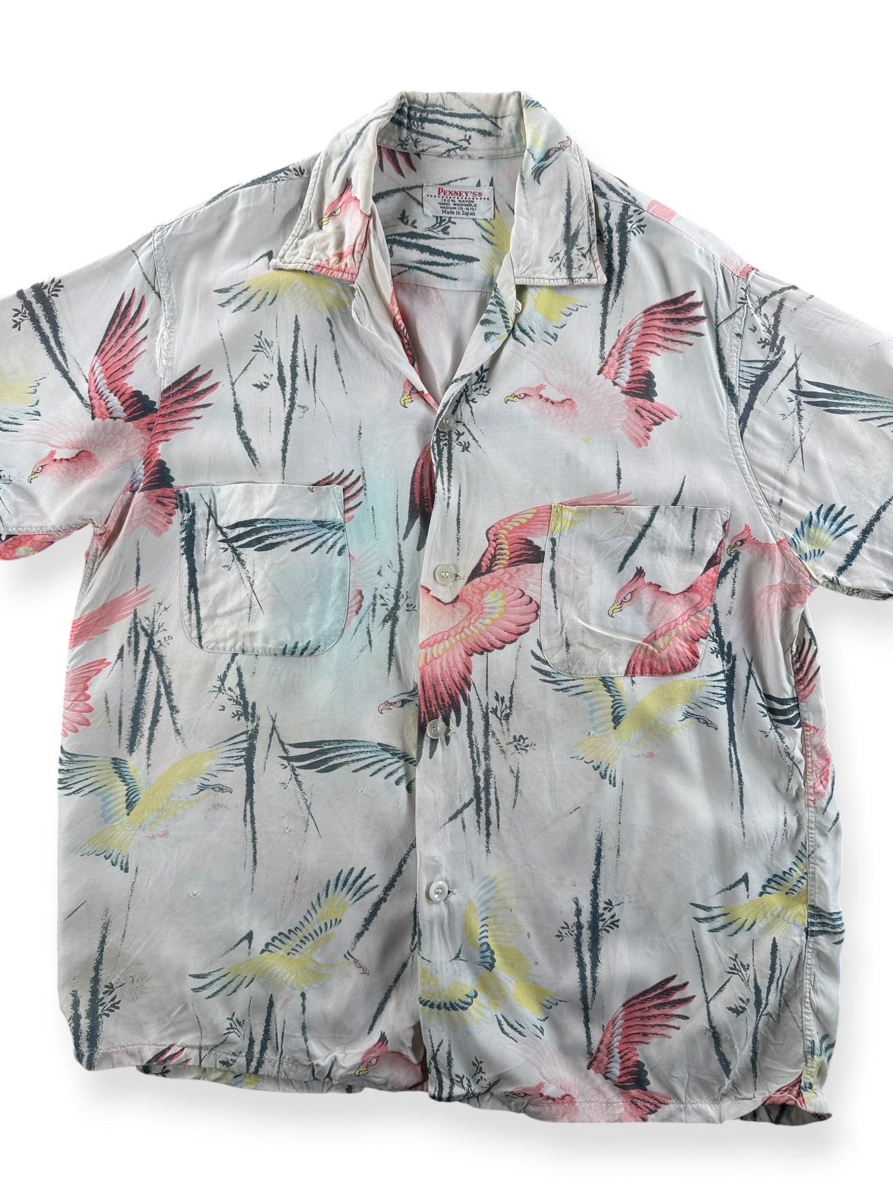 Front Close Up of Vintage Penney's Pink Flamingoes Rayon Aloha Shirt SZ M - AS IS