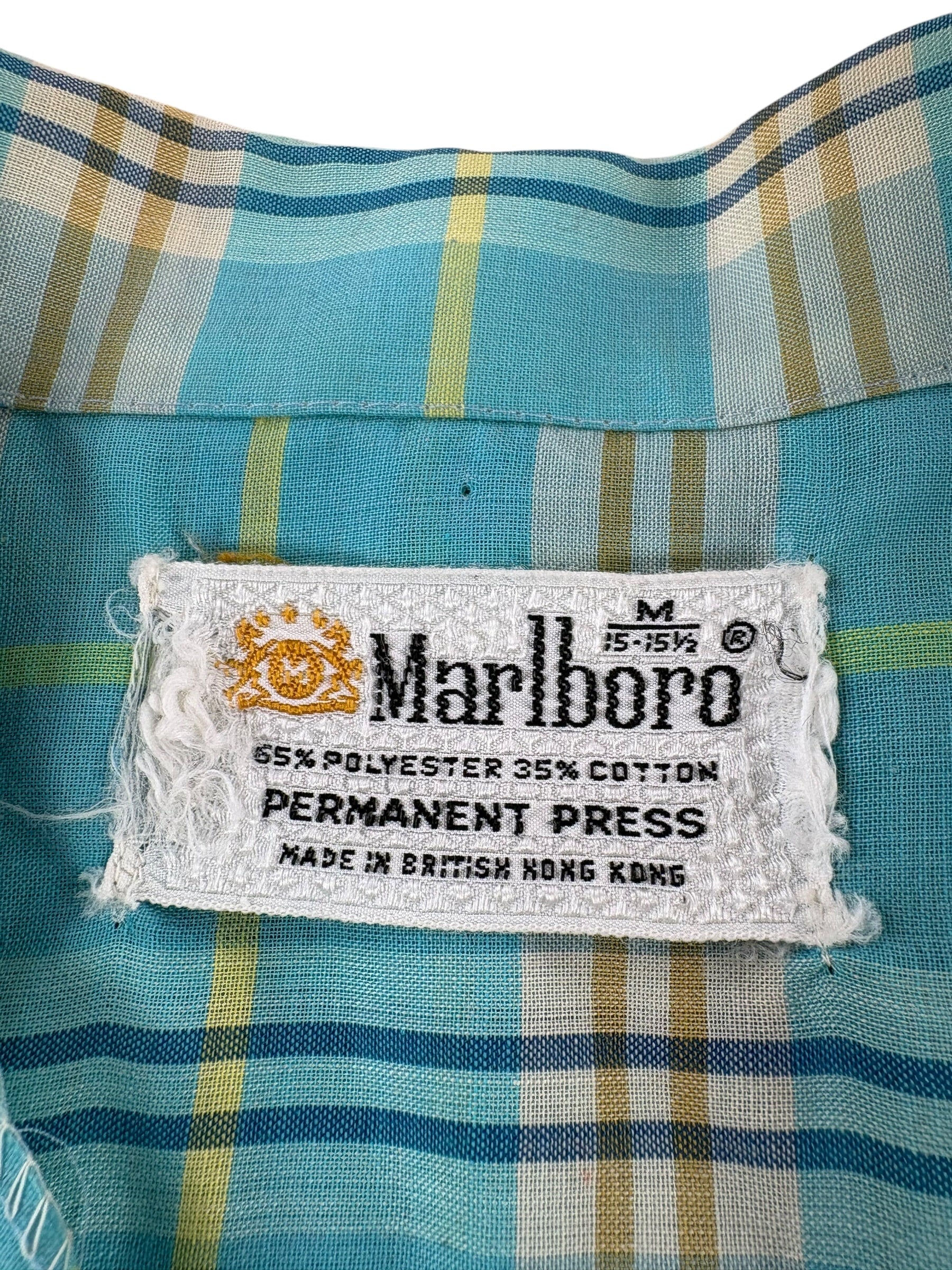 Label on Vintage Marlboro Blue Yellow Plaid Short Sleeve Shirt SZ M