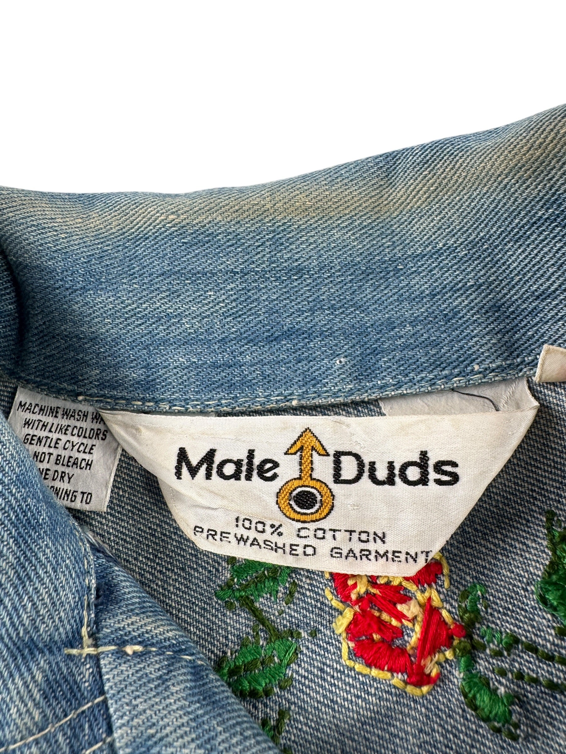 Label on Vintage Male Duds Embroidered Denim Patchwork Jacket SZ L (Fits M)