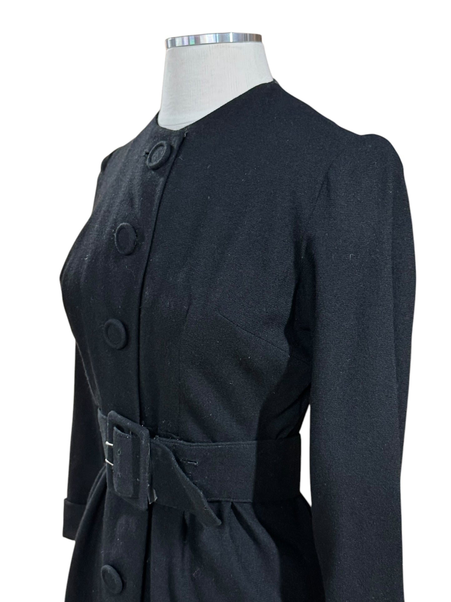 Side view of 1960s Black Wool Button Up Dress S