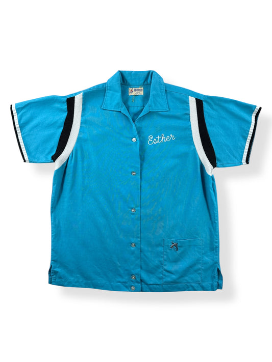 Front of Vintage Hilton Blue Women's Bowling Shirt SZ M