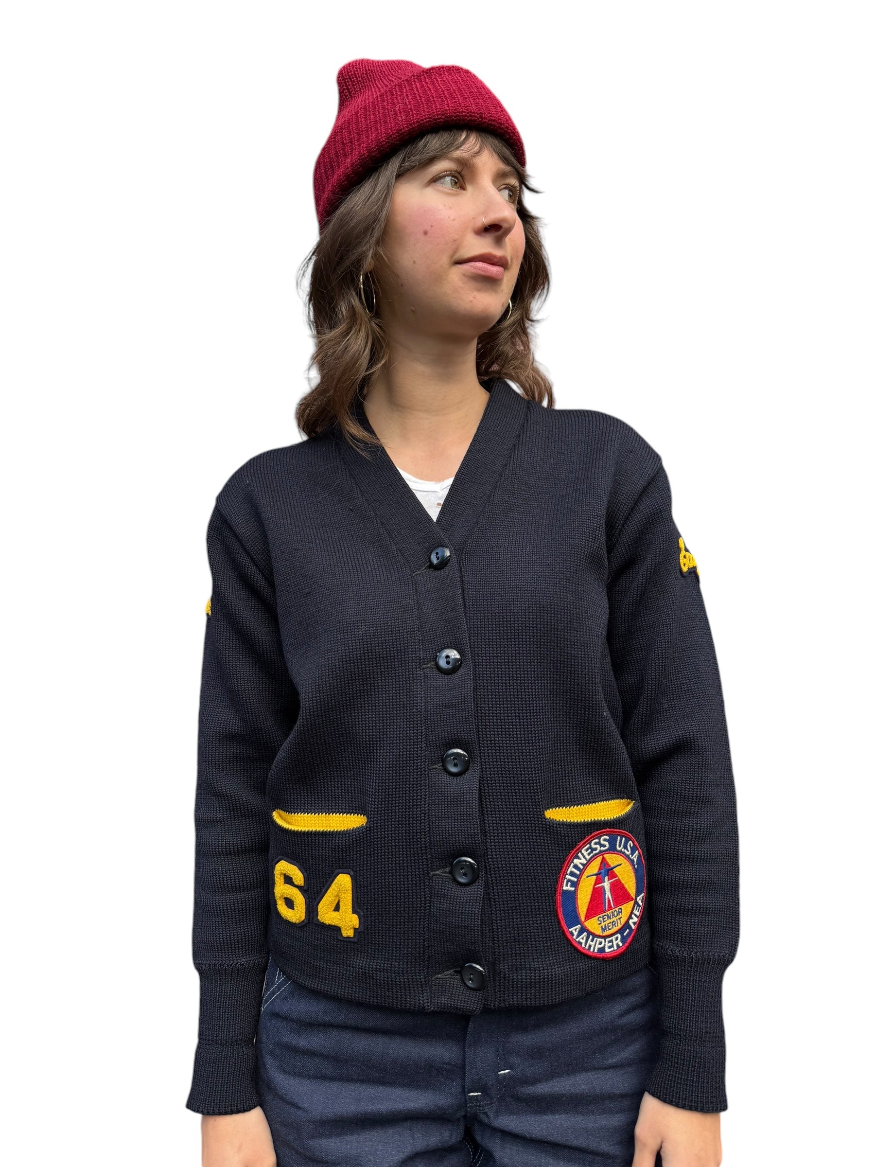 Front view of 1964 Lasley Fitness USA Letterman Cardigan S