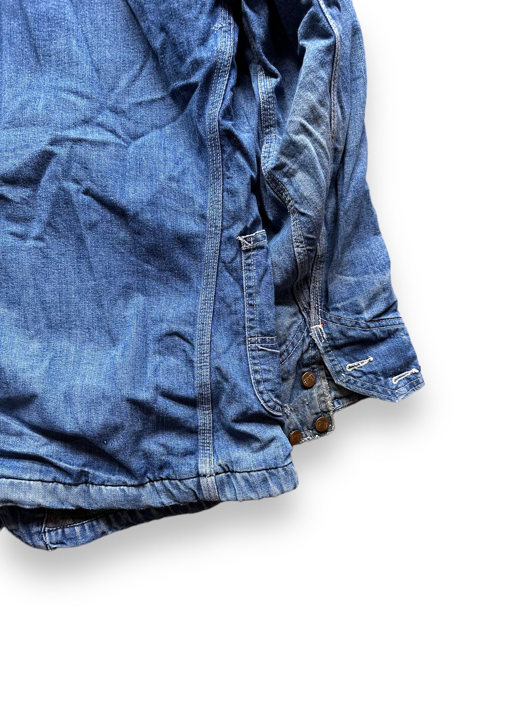 Wear on Right Rear Cuff on Vintage Blanket Lined Lee Denim Chore Jacket SZ XL| Vintage Denim Workwear | Seattle Vintage Workwear