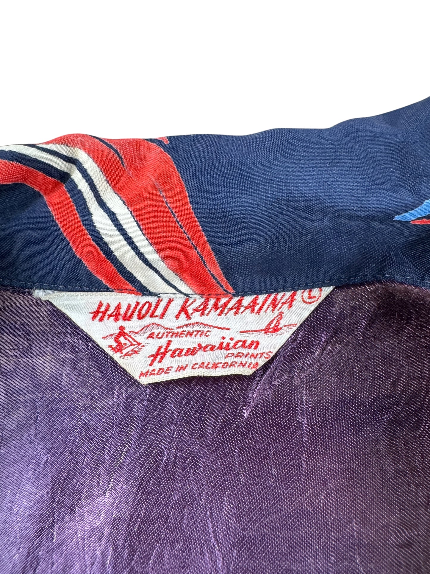 Tag on Vintage Navy Blue Floral Aloha Shirt SZ L AS IS