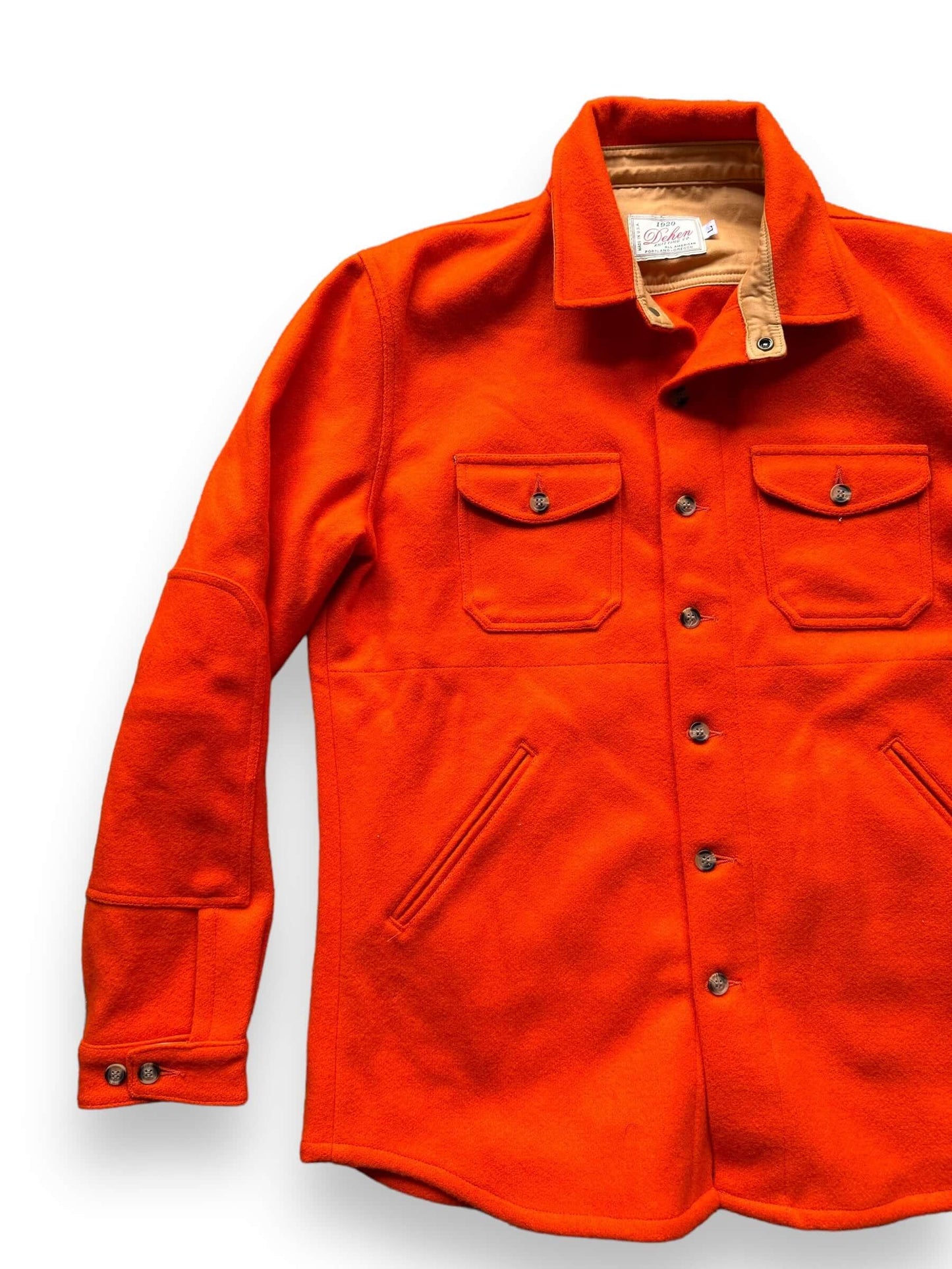 front right of Dehen Knitting Co. Portland Orange Wool Shirt SZ L