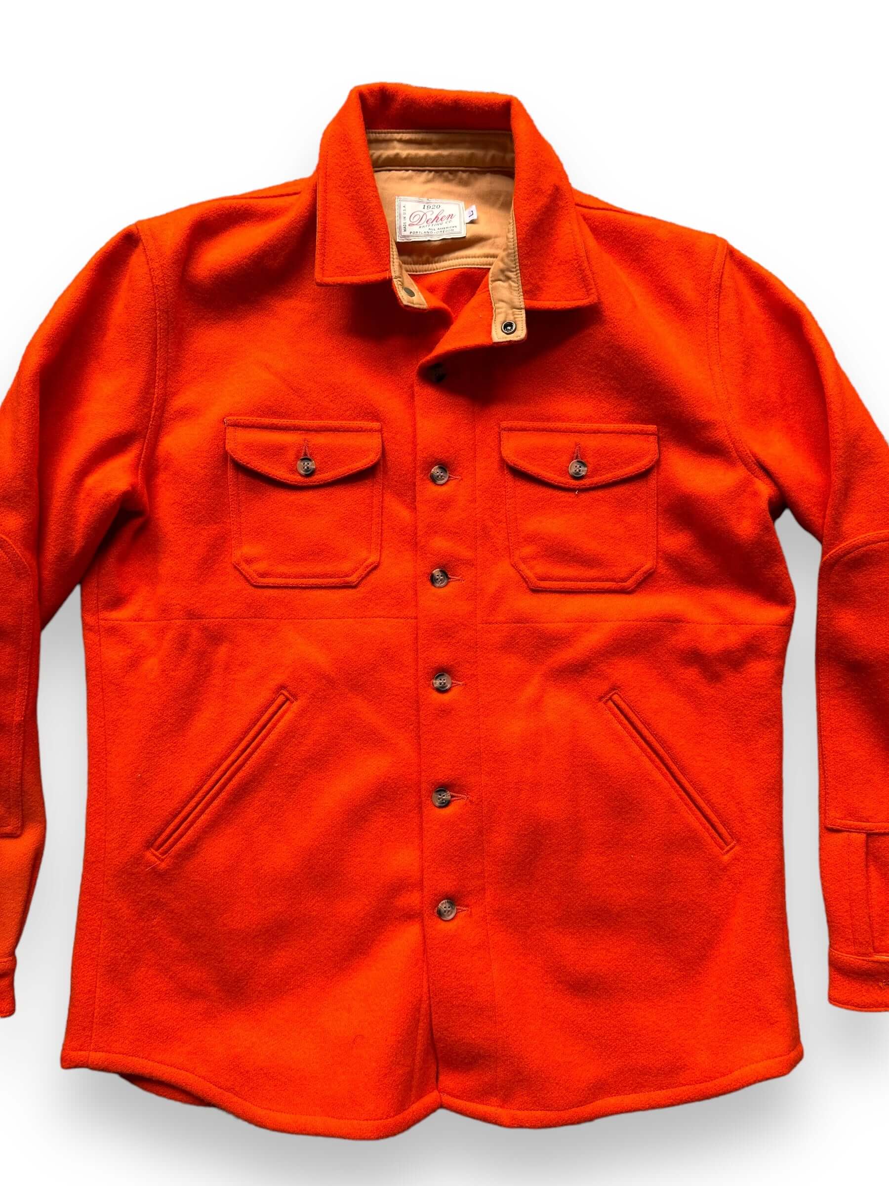 front close up of Dehen Knitting Co. Portland Orange Wool Shirt SZ L