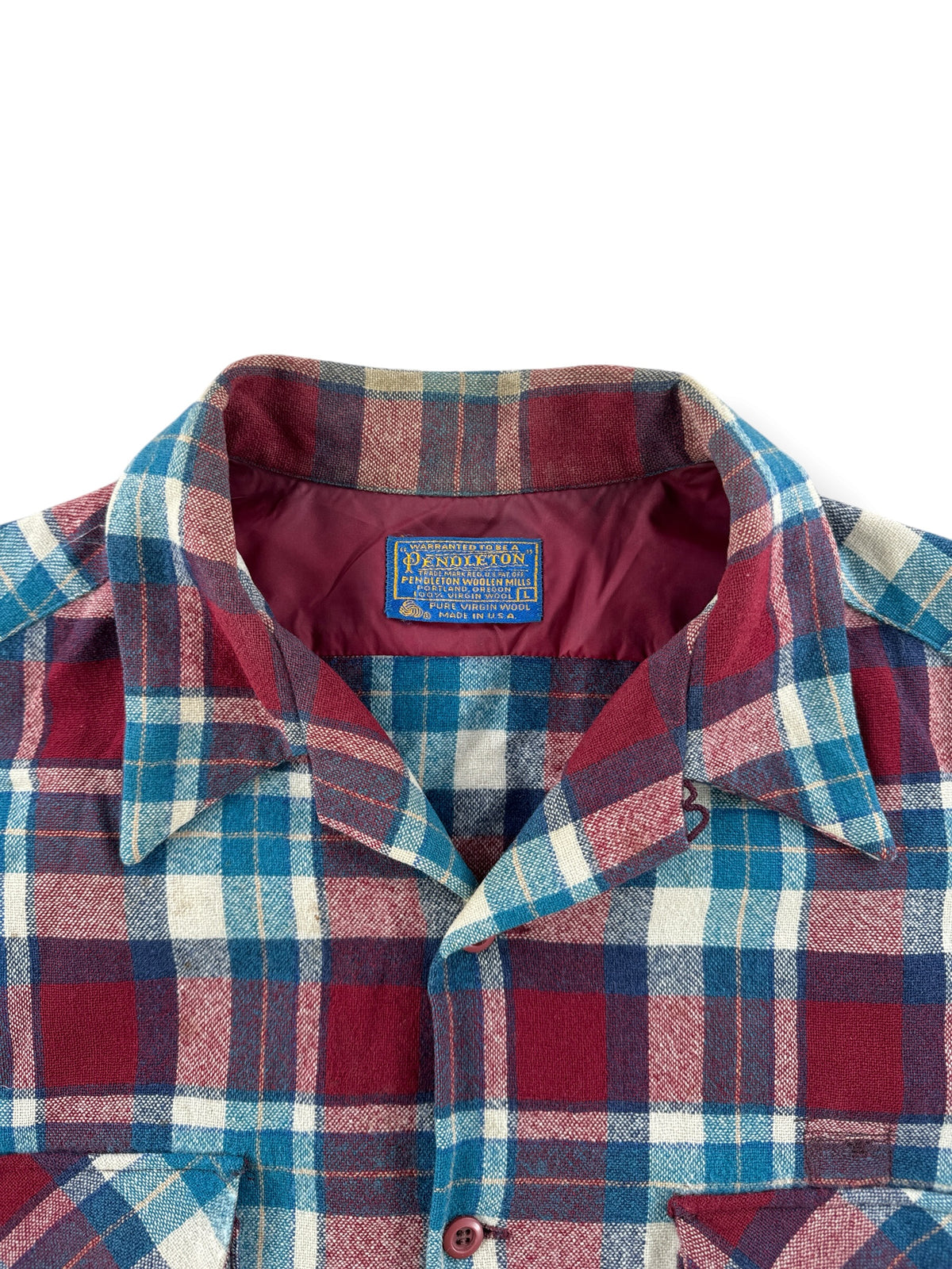 Collar on Vintage Pendleton Maroon Plaid Board Shirt W/ Elbow Pads SZ L - AS IS