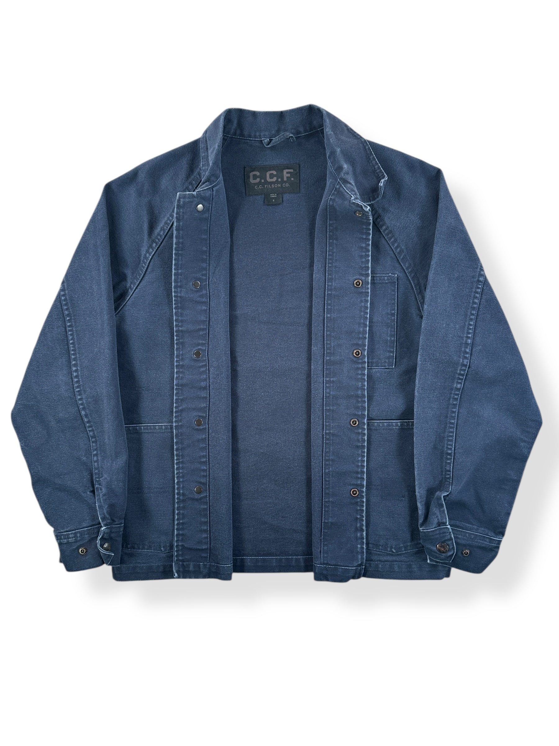 Inside of Modern Filson Canvas Navy Blue Chore Coat SZ S