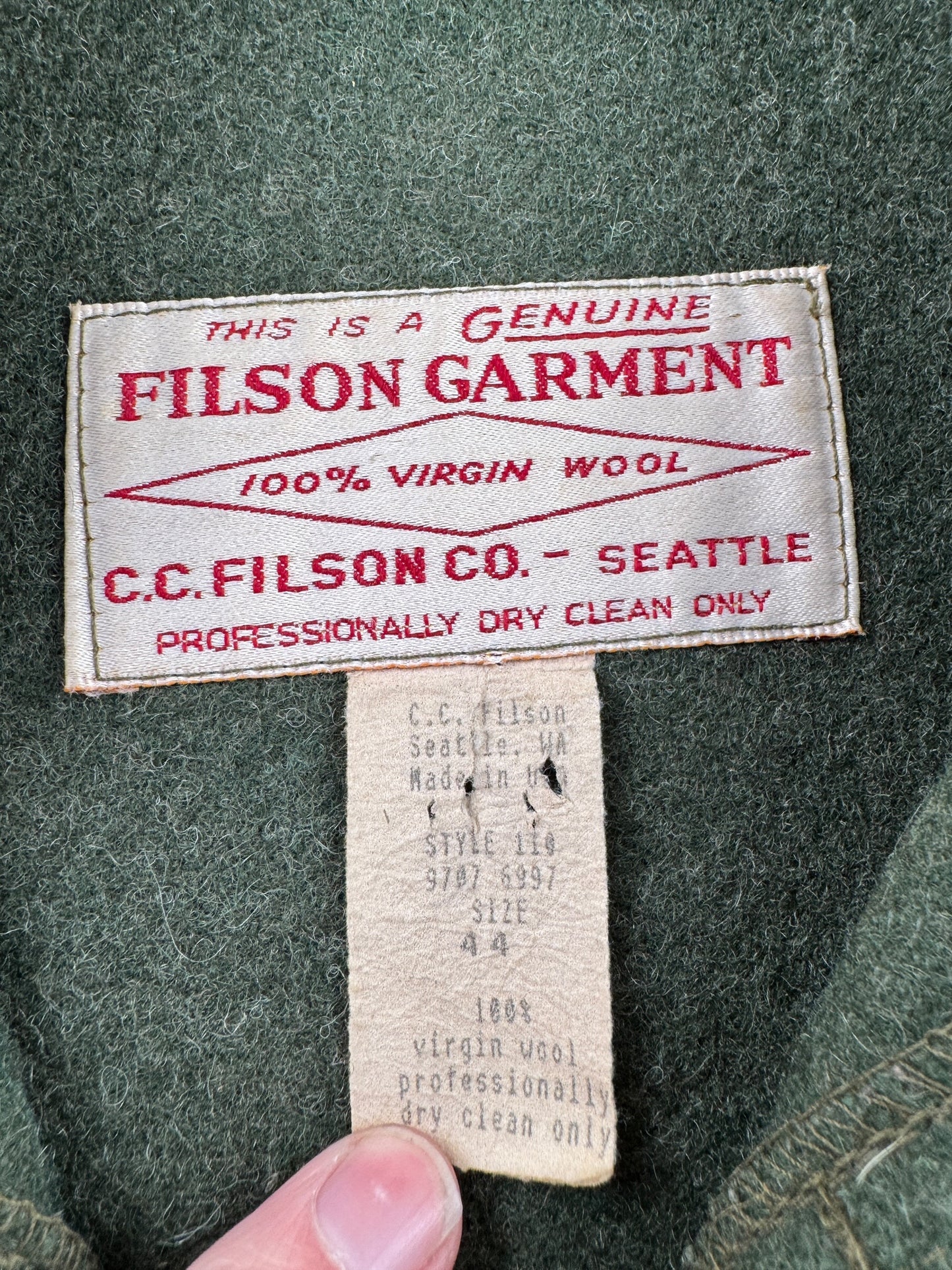 Tag on Vintage Filson Forest Green Mackinaw Wool Cruiser Jacket SZ 44
