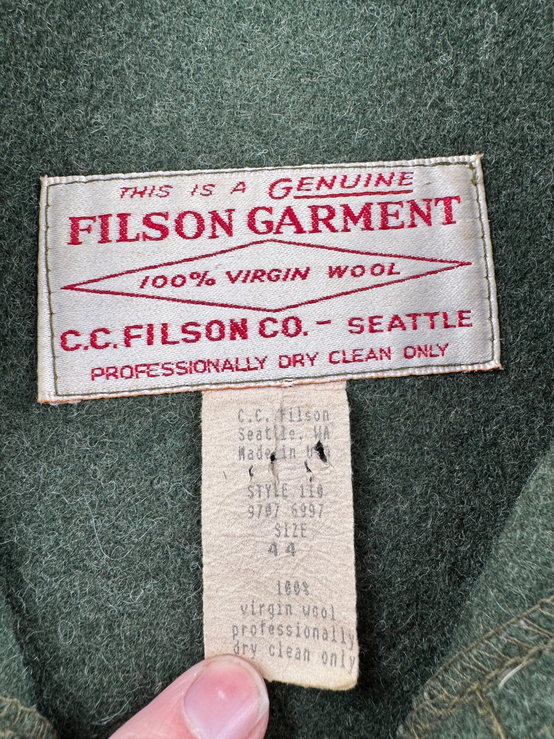 Tag on Vintage Filson Forest Green Mackinaw Wool Cruiser Jacket SZ 44