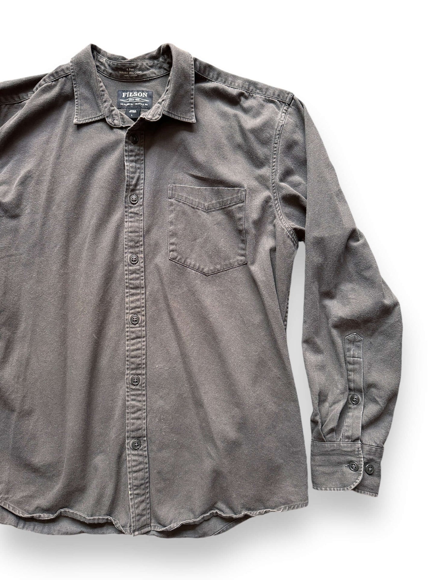 Front Left View of Filson Durable Drill Chino Shirt SZ L