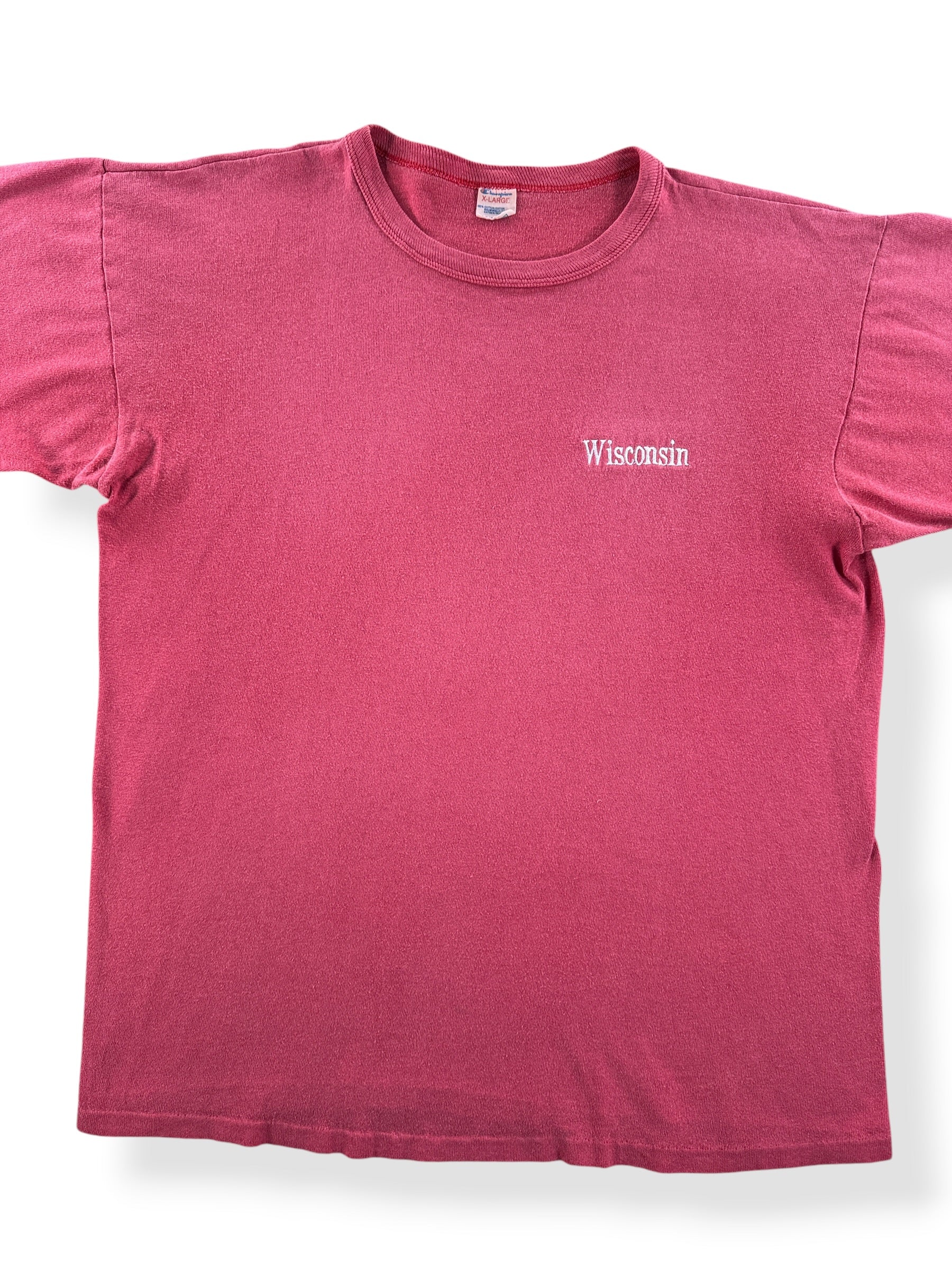 Front Close Up of Vintage Wisconsin Embroidered Champion Tee SZ XL