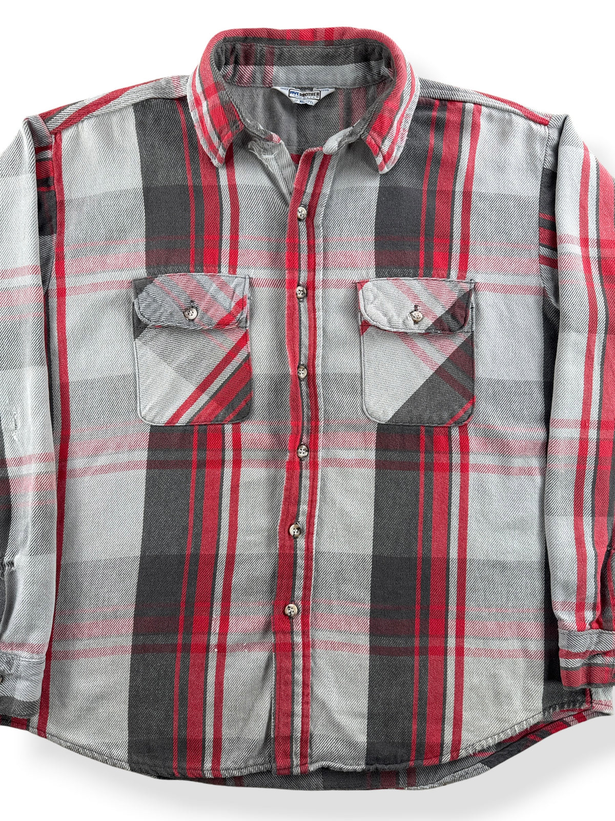 Close-up of Vintage Five Brothers Red & Grey Cotton Flannel SZ XL