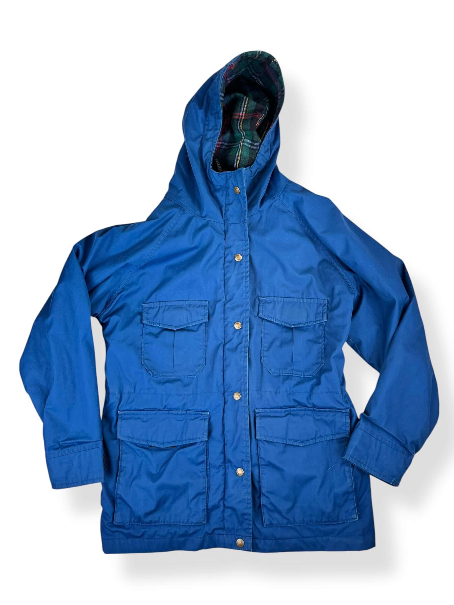 Front view of 1980s Eddie Bauer Blue Hooded Parka M