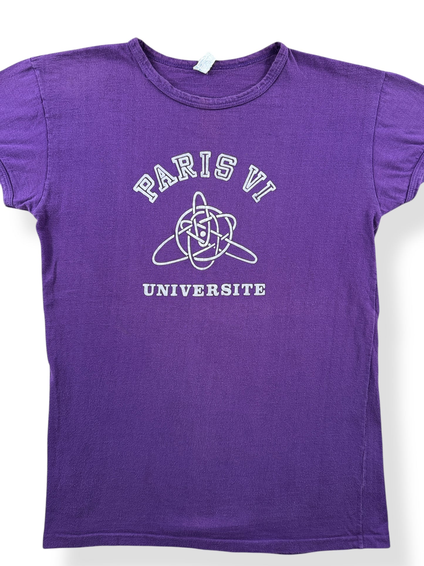 Front Close Up of Vintage Flocked Paris Universite Tee SZ M